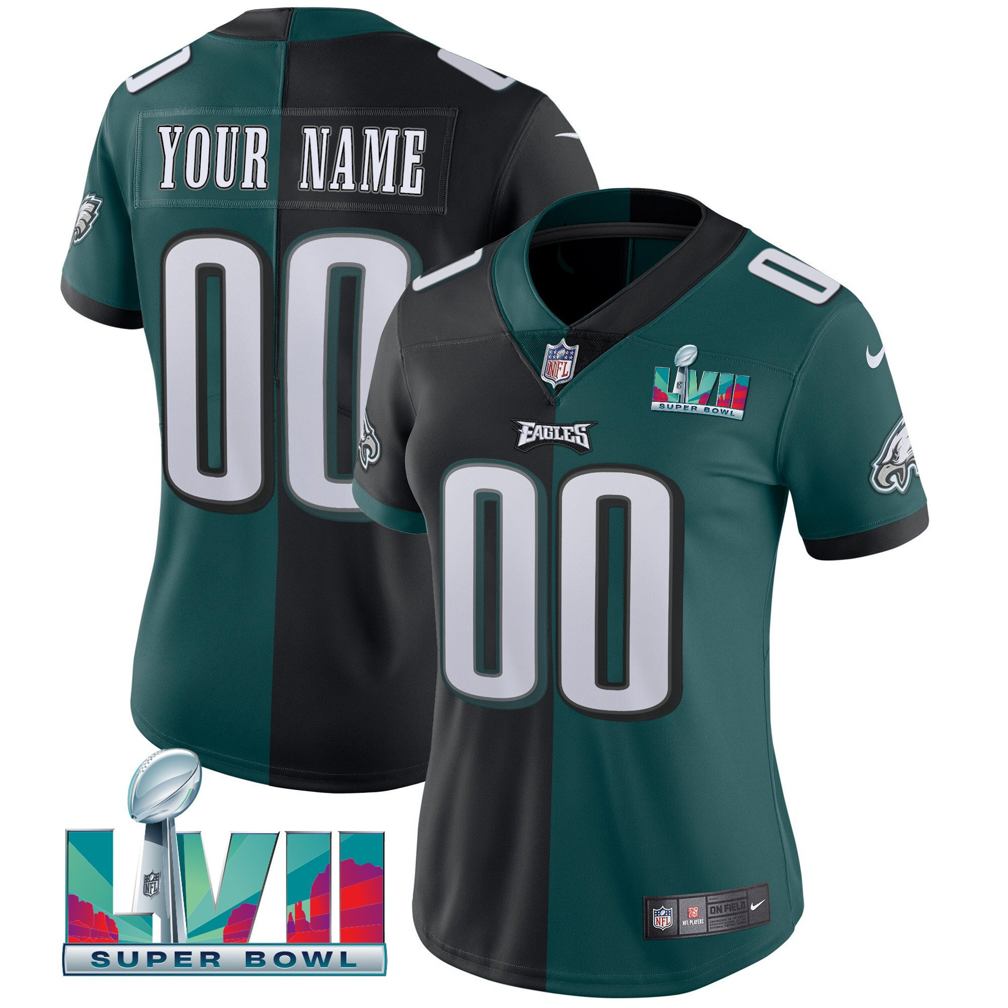Women's Philadelphia Eagles Super Bowl Custom Patch Vapor Split Black Green Jersey - All Stitched