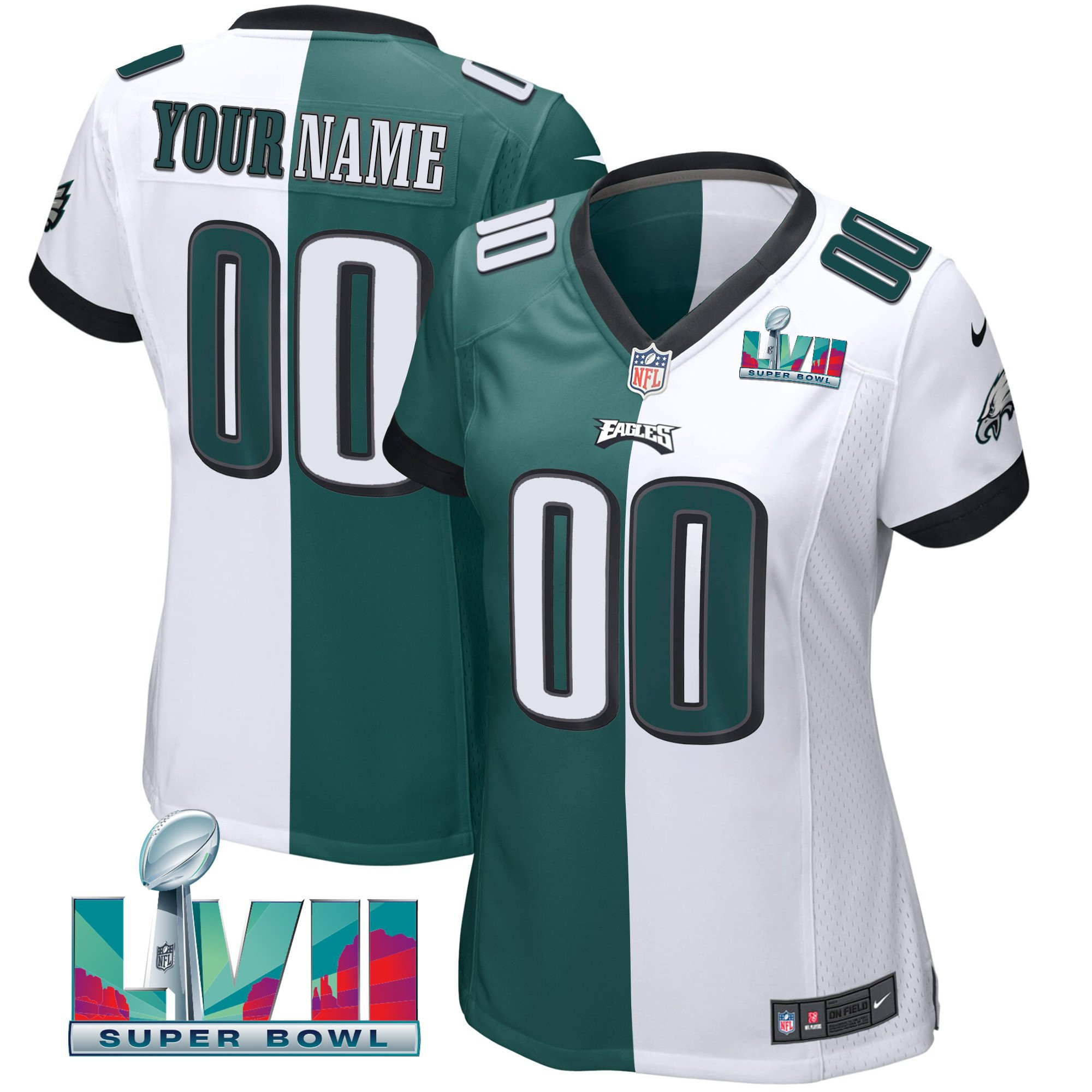 Women's Philadelphia Eagles Super Bowl Custom Patch Vapor Split Jersey - All Stitched