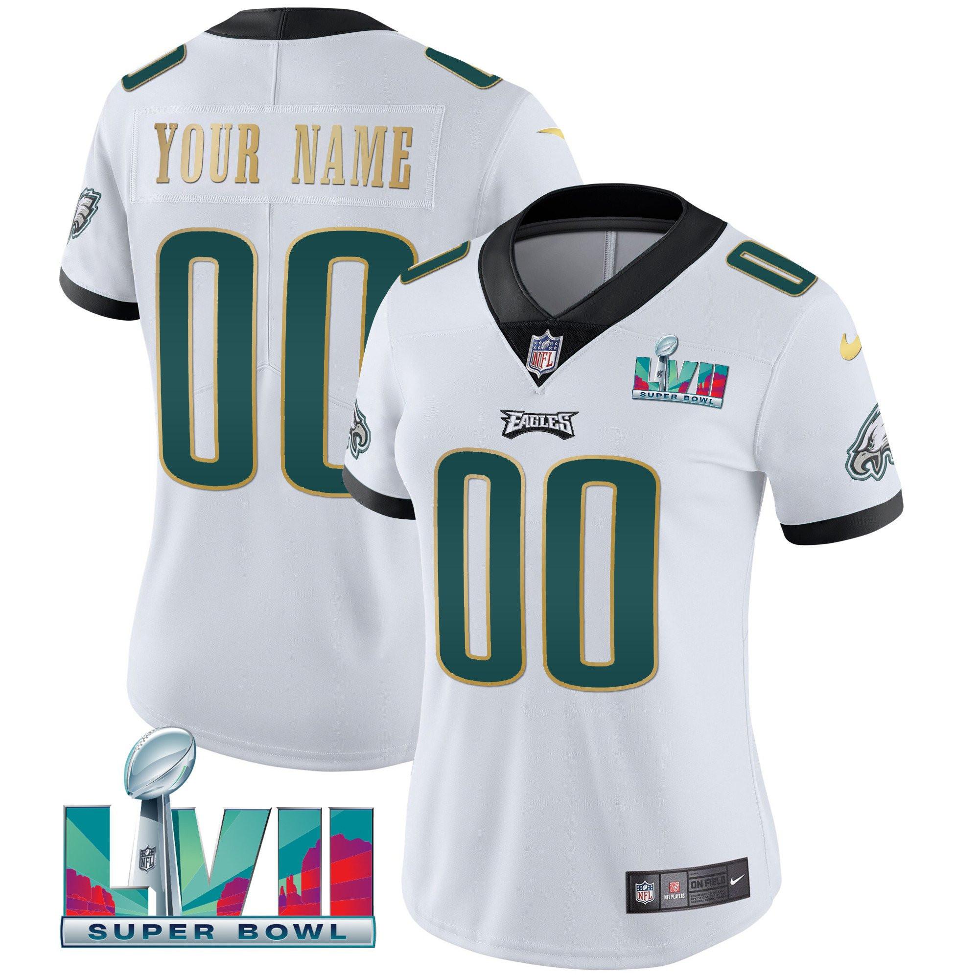 Women's Philadelphia Eagles Super Bowl Custom Patch Vapor White Gold Trim Jersey - All Stitched