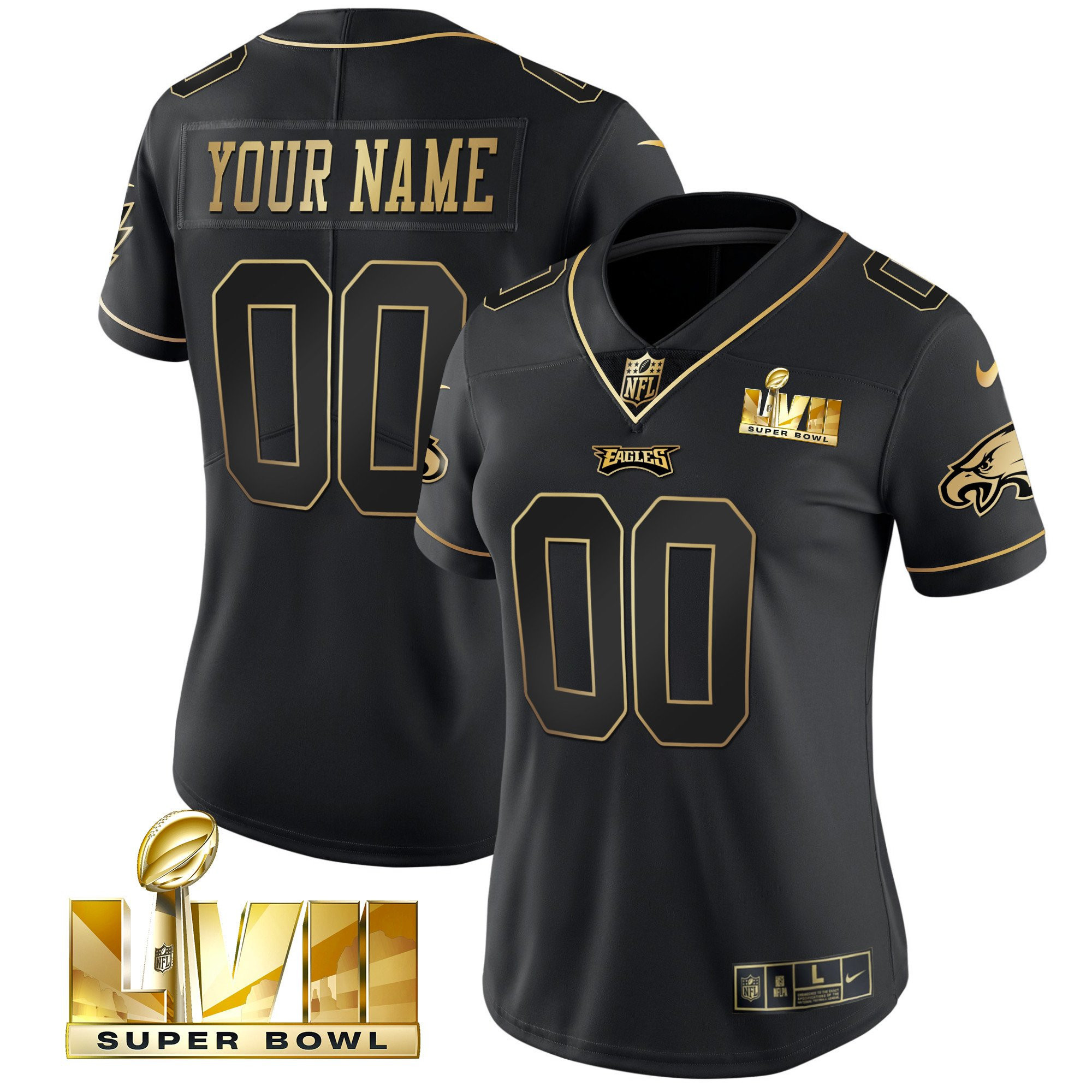 Women's Philadelphia Eagles Super Bowl Gold Custom Vapor Black Gold Jersey - All Stitched