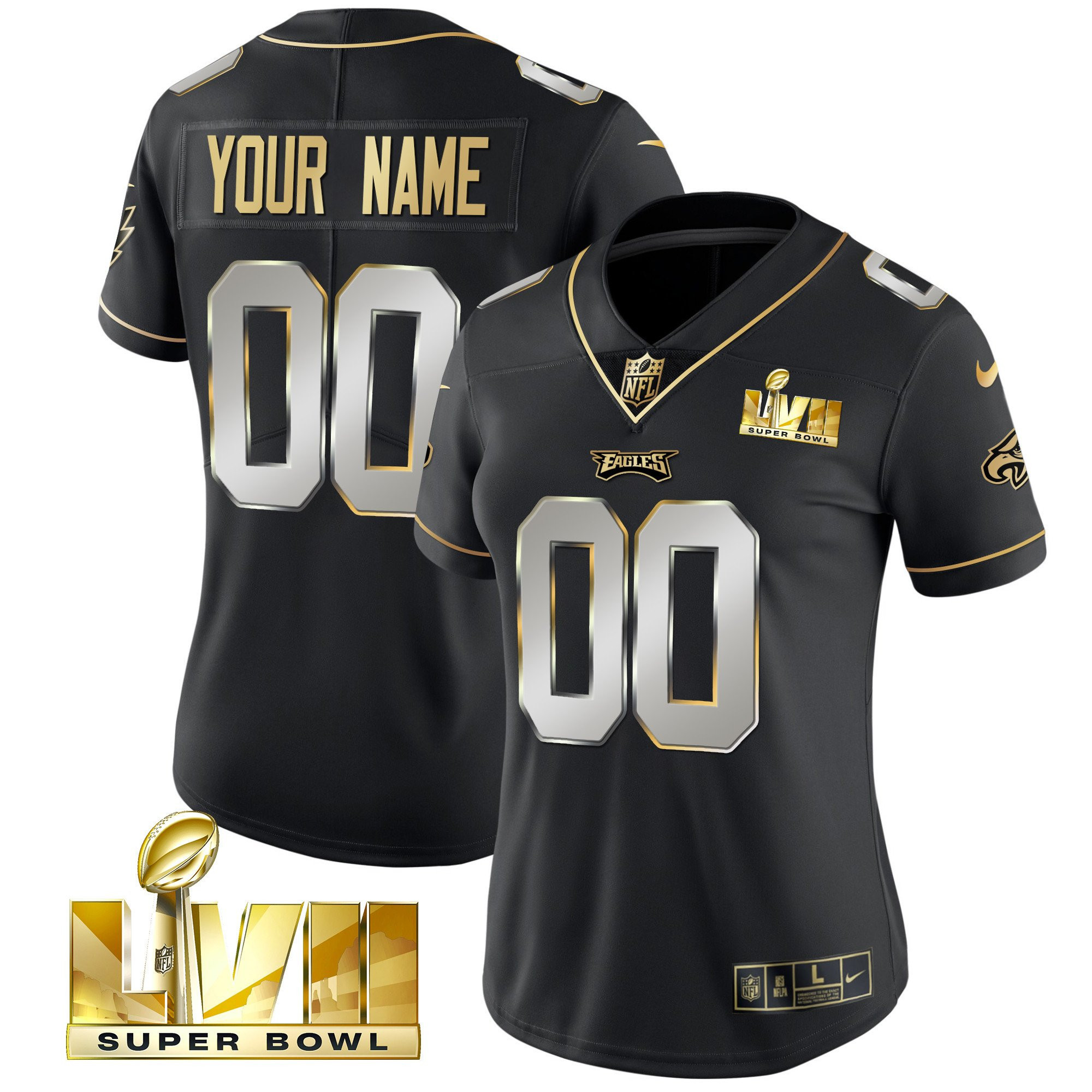 Women's Philadelphia Eagles Super Bowl Gold Custom Vapor Black Limited Jersey - All Stitched