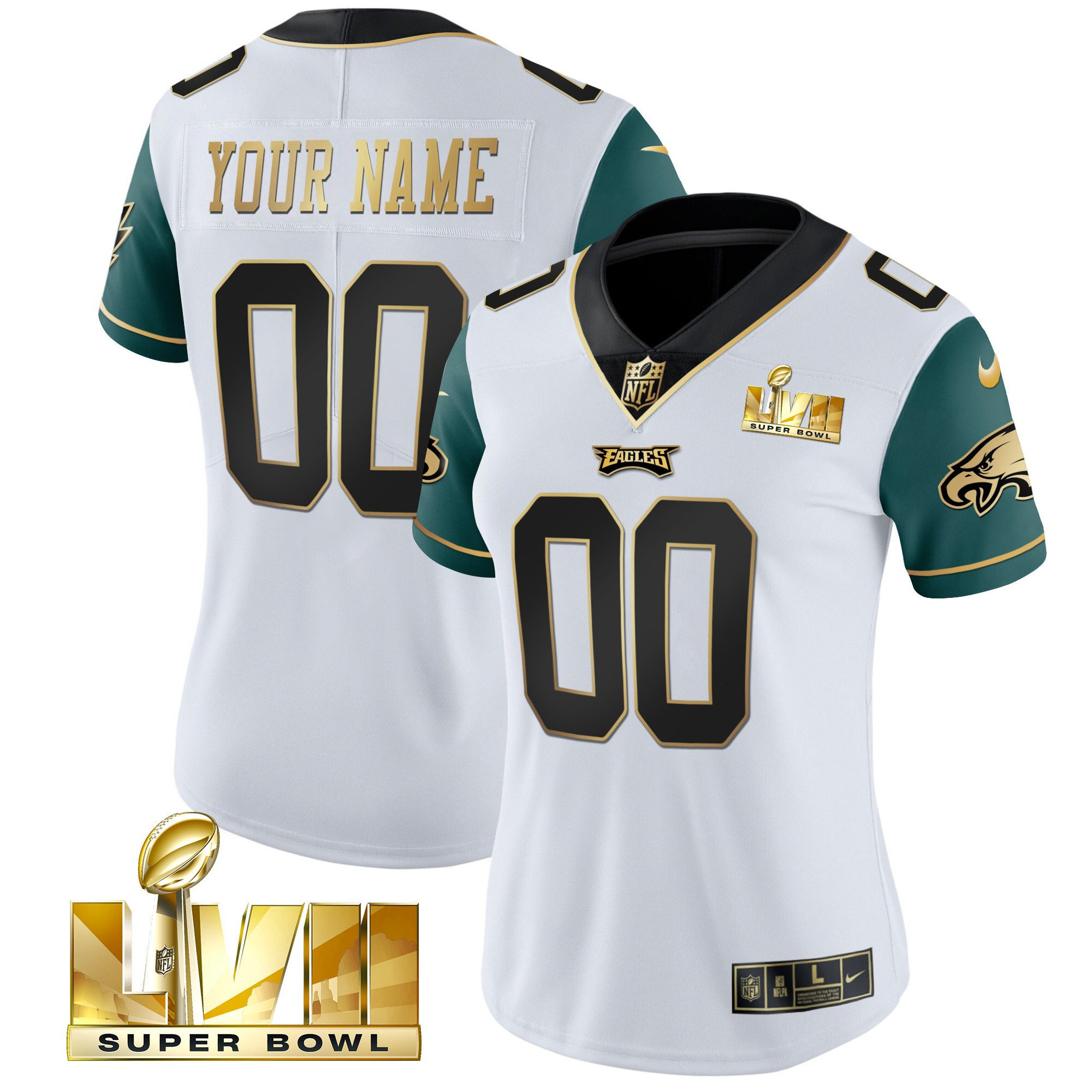 Women's Philadelphia Eagles Super Bowl Gold Custom Vapor Midnight Green Sleeves Jersey - All Stitched