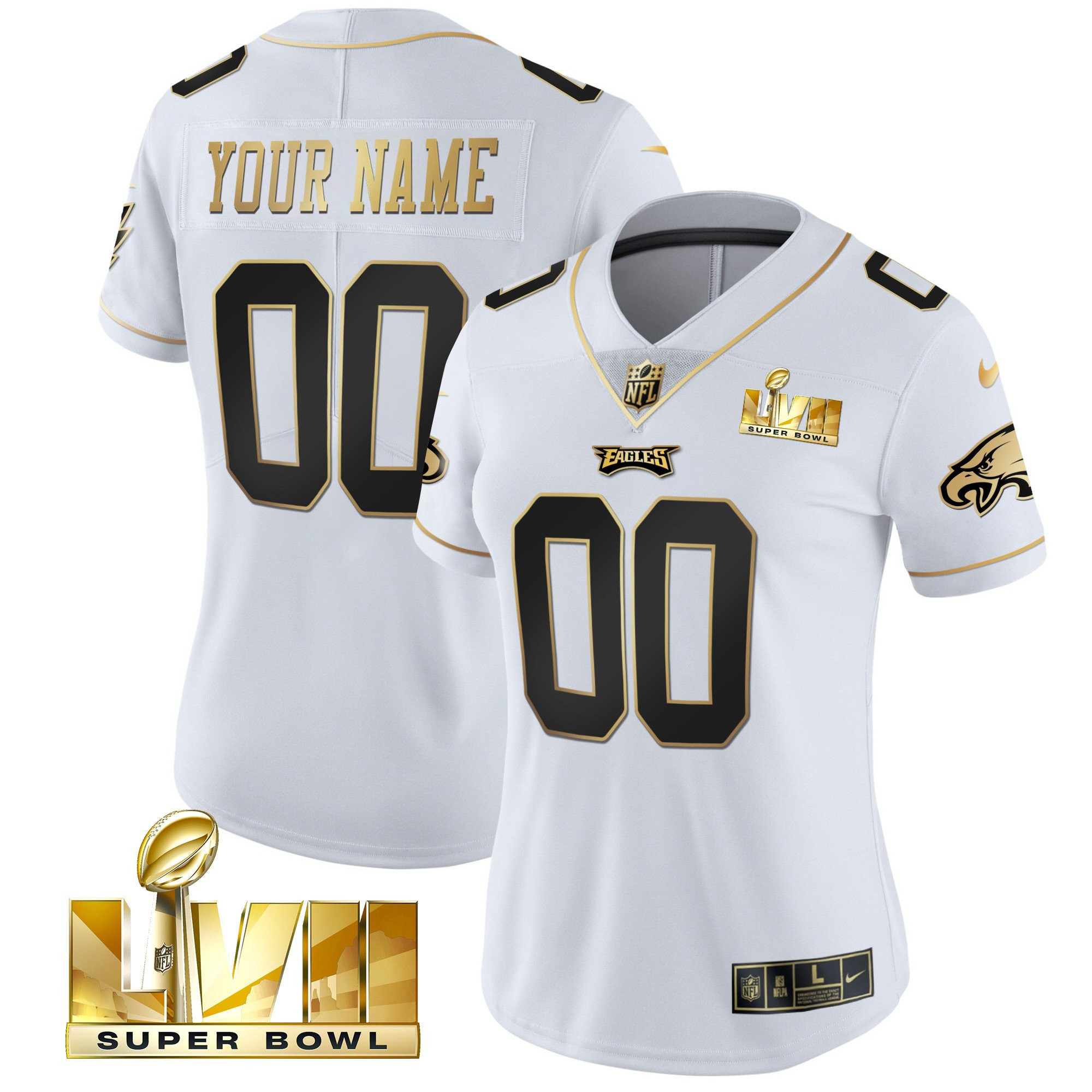 Women's Philadelphia Eagles Super Bowl Gold Custom Vapor White Gold Jersey - All Stitched