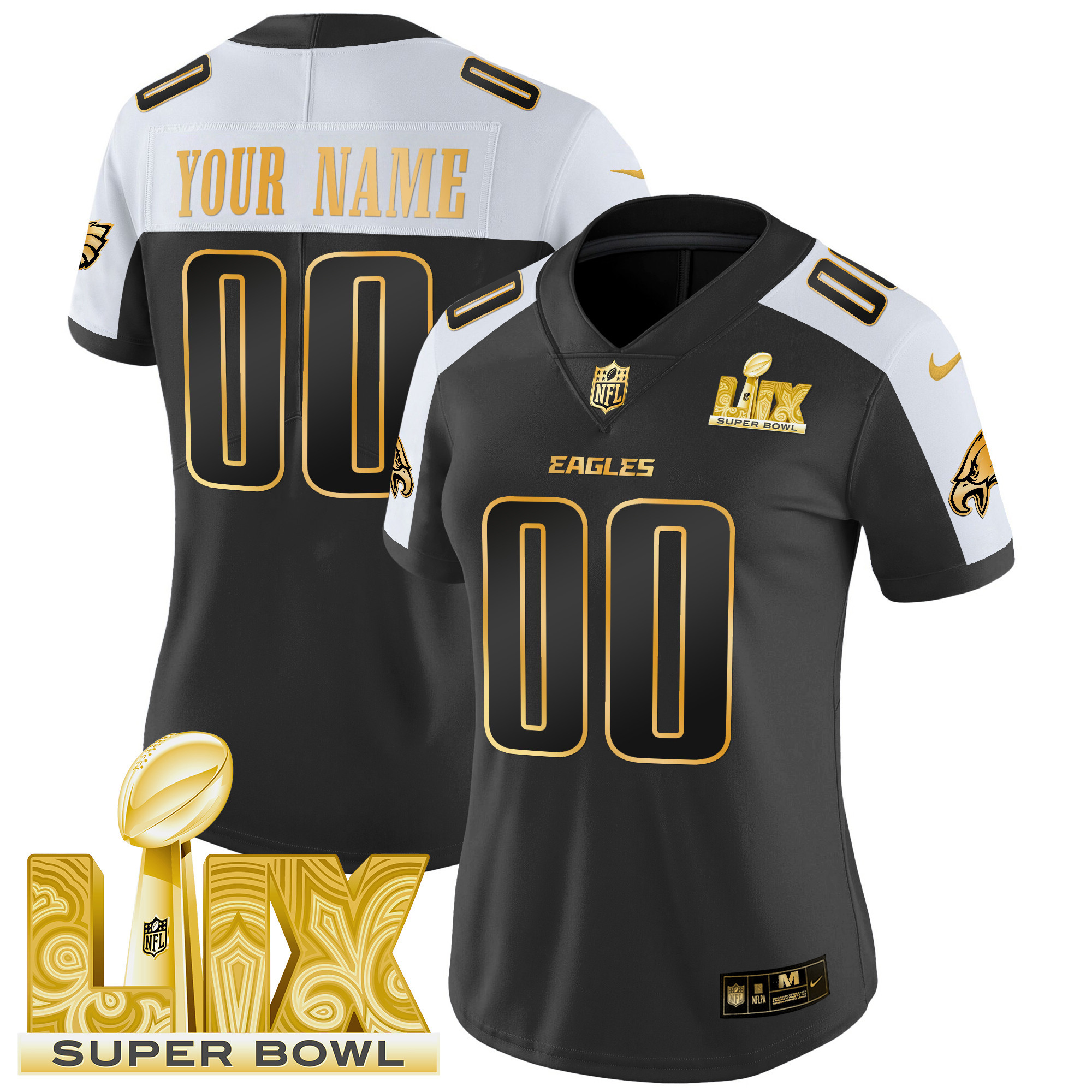 Women's Philadelphia Eagles Super Bowl LIX Patch Gold Vapor Limited Custom Alternate Jersey - All Stitched
