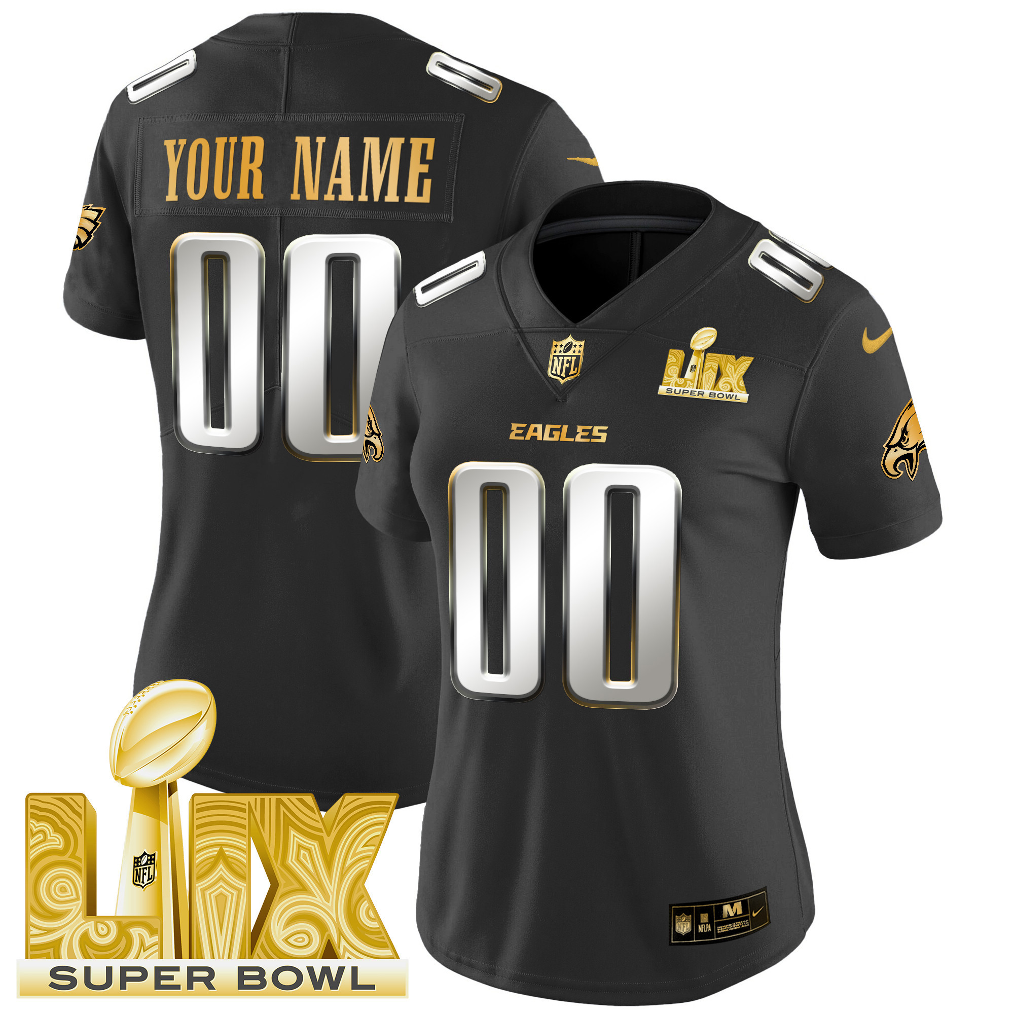 Women's Philadelphia Eagles Super Bowl LIX Patch Gold Vapor Limited Custom Black Limited Jersey - All Stitched