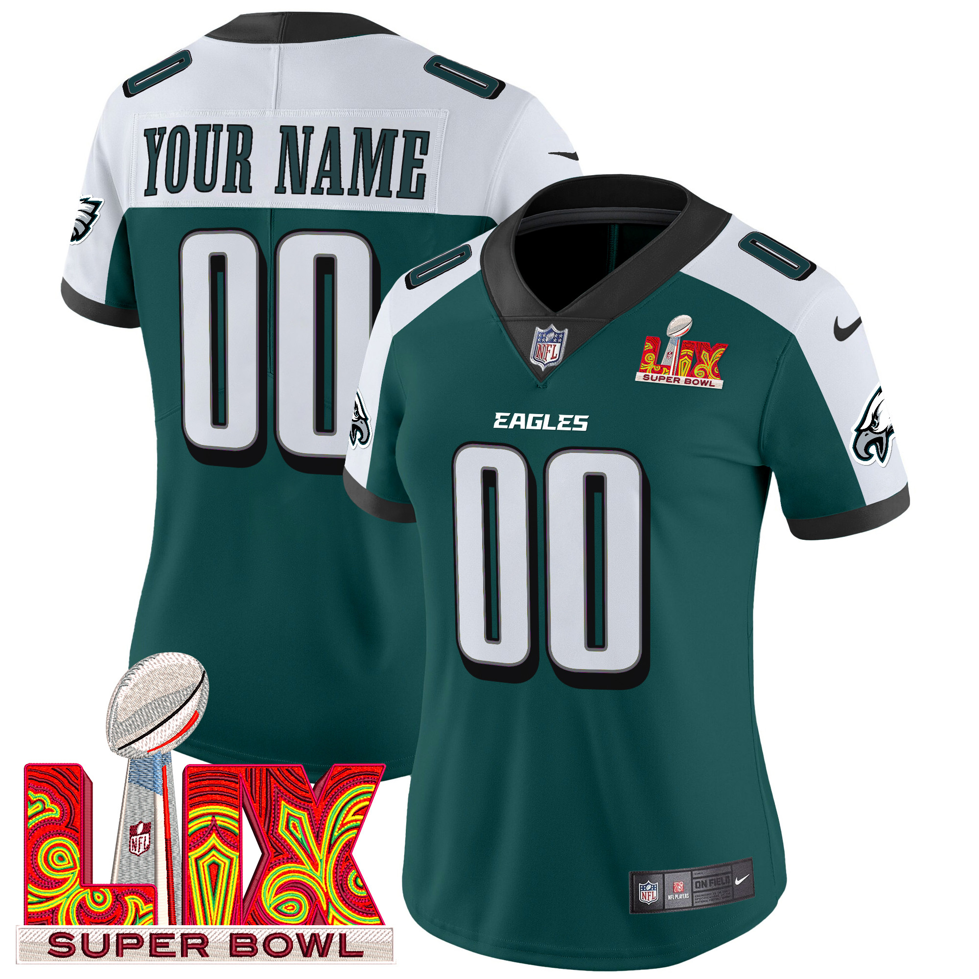 Women's Philadelphia Eagles Super Bowl LIX Patch Vapor Limited Custom Green Alternate Jersey - All Stitched
