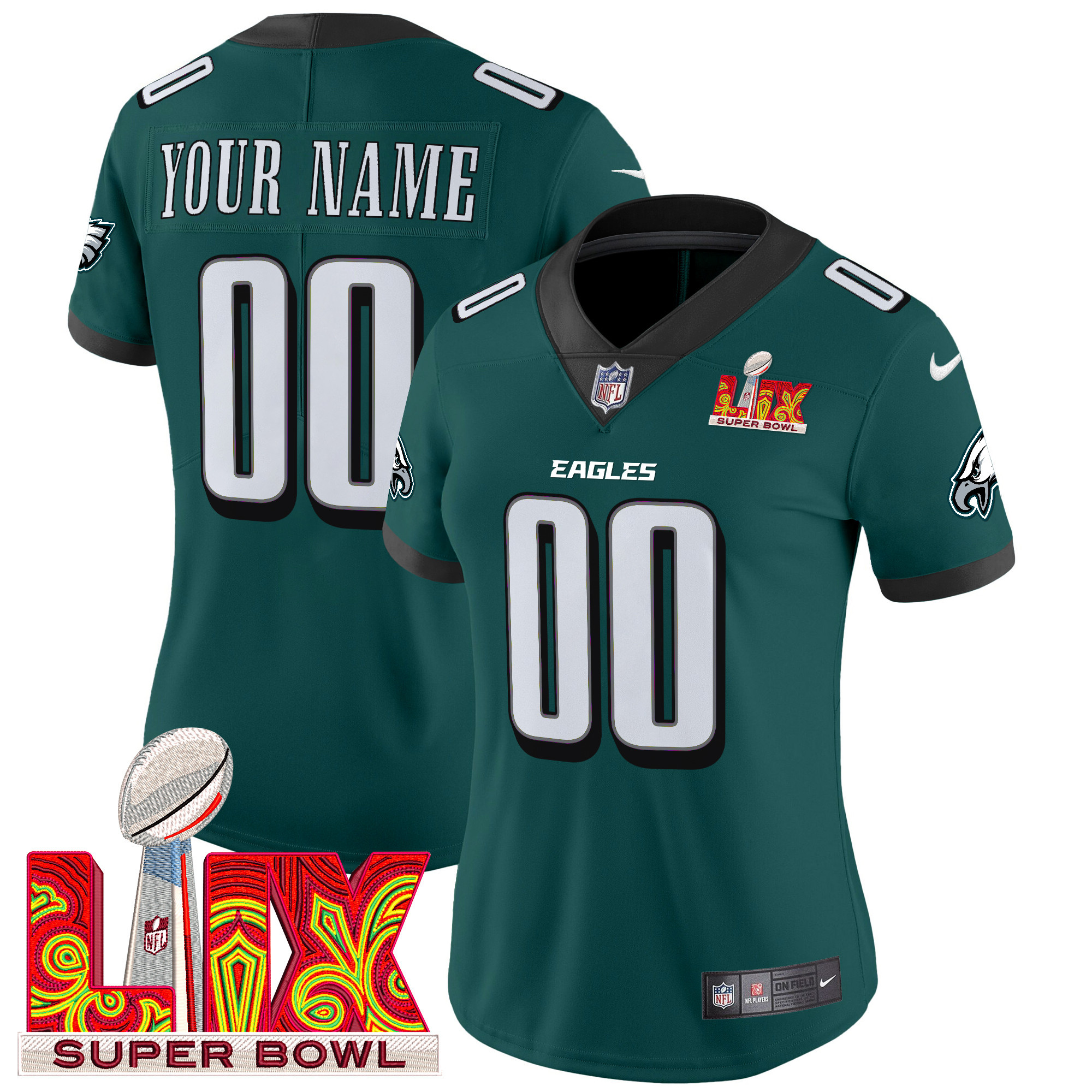 Women's Philadelphia Eagles Super Bowl LIX Patch Vapor Limited Custom Midnight Green Jersey - All Stitched