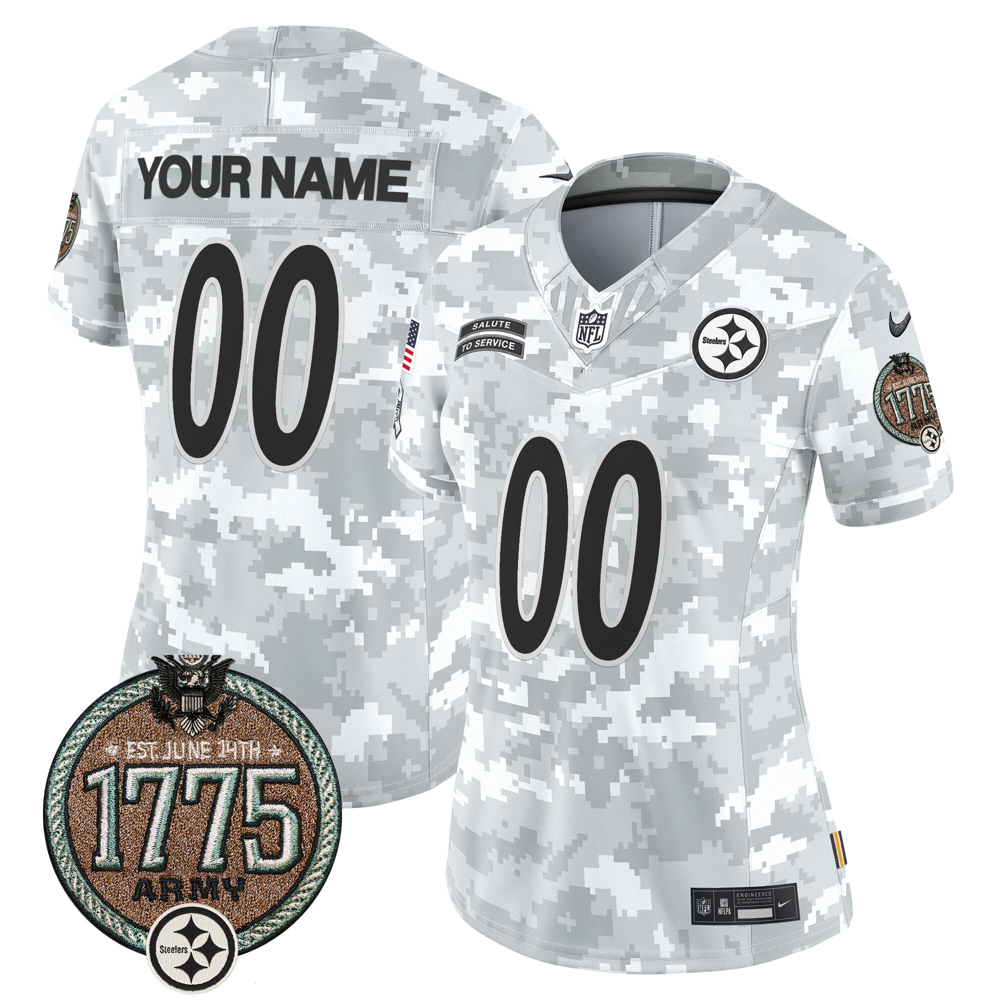 Women's Pittsburgh Steelers 2024 Salute to Service Establishment Year Patch Vapor Limited Custom Army Jersey - All Stitched