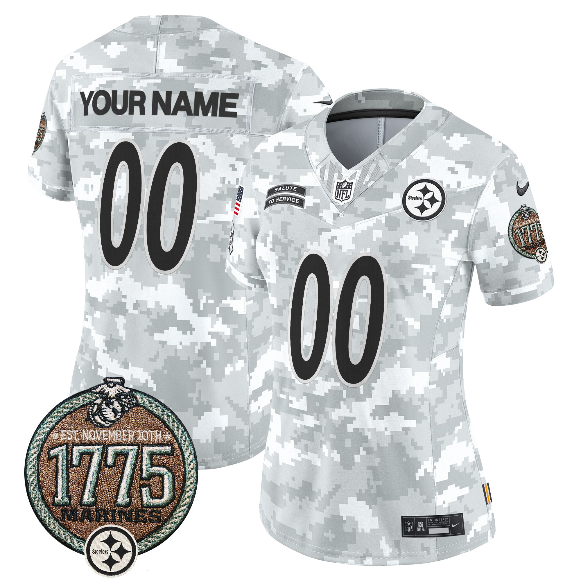 Women's Pittsburgh Steelers 2024 Salute to Service Establishment Year Patch Vapor Limited Custom Marines Jersey - All Stitched