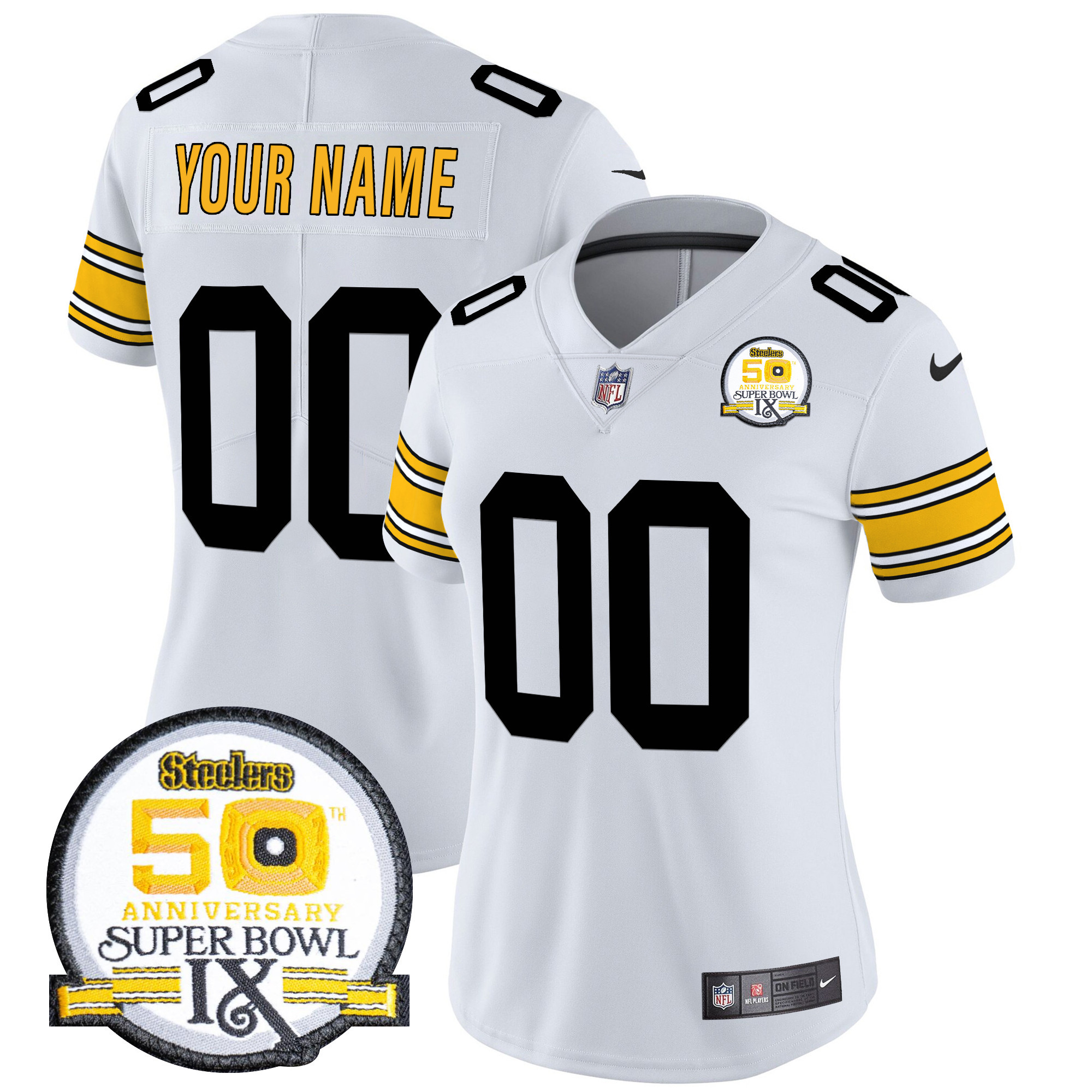 Women's Pittsburgh Steelers 50th Anniversary Of Super Bowl IX Patch Vapor Limited Custom 1975 White Jersey - All Stitched