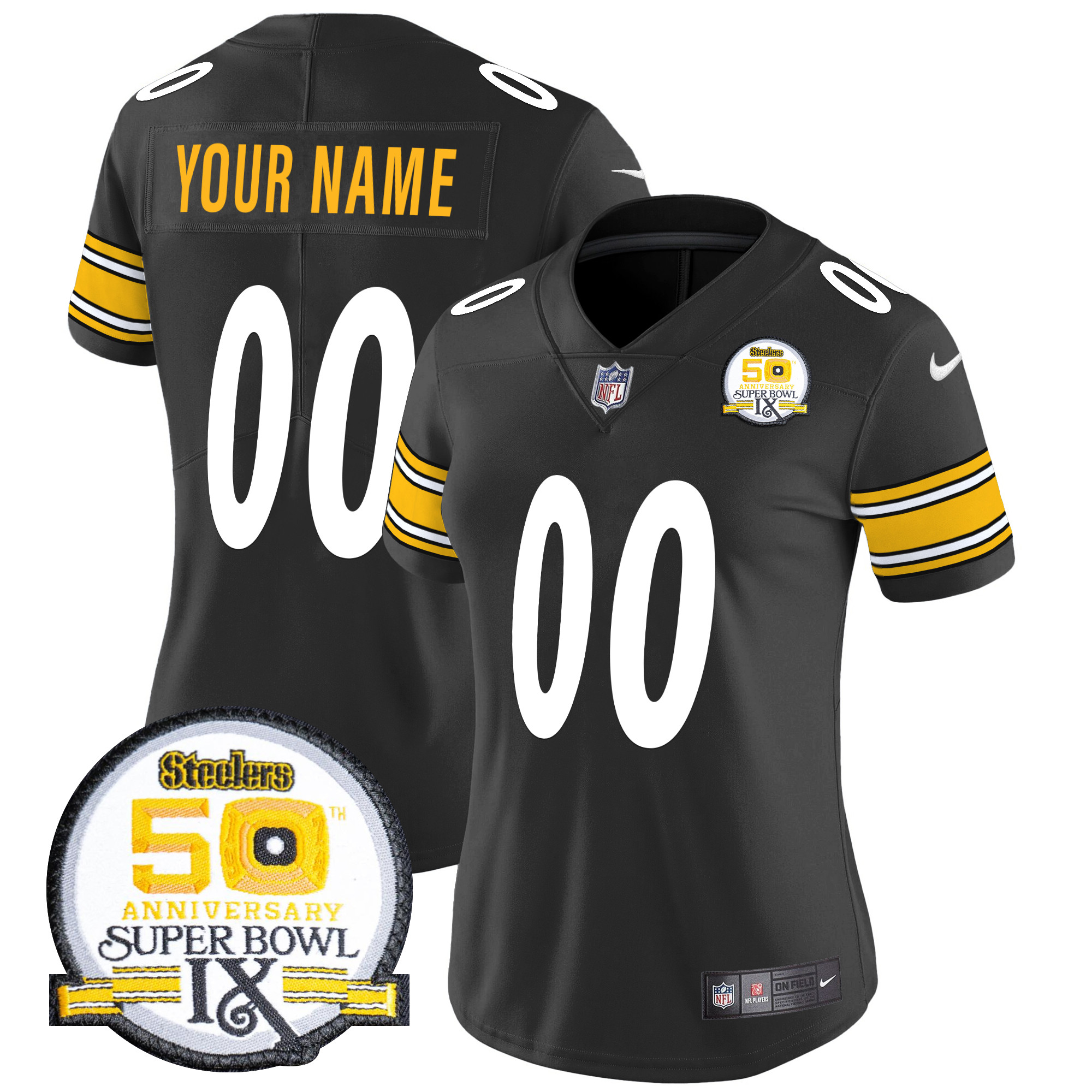 Women's Pittsburgh Steelers 50th Anniversary Of Super Bowl IX Patch Vapor Limited Custom Black Jersey - All Stitched