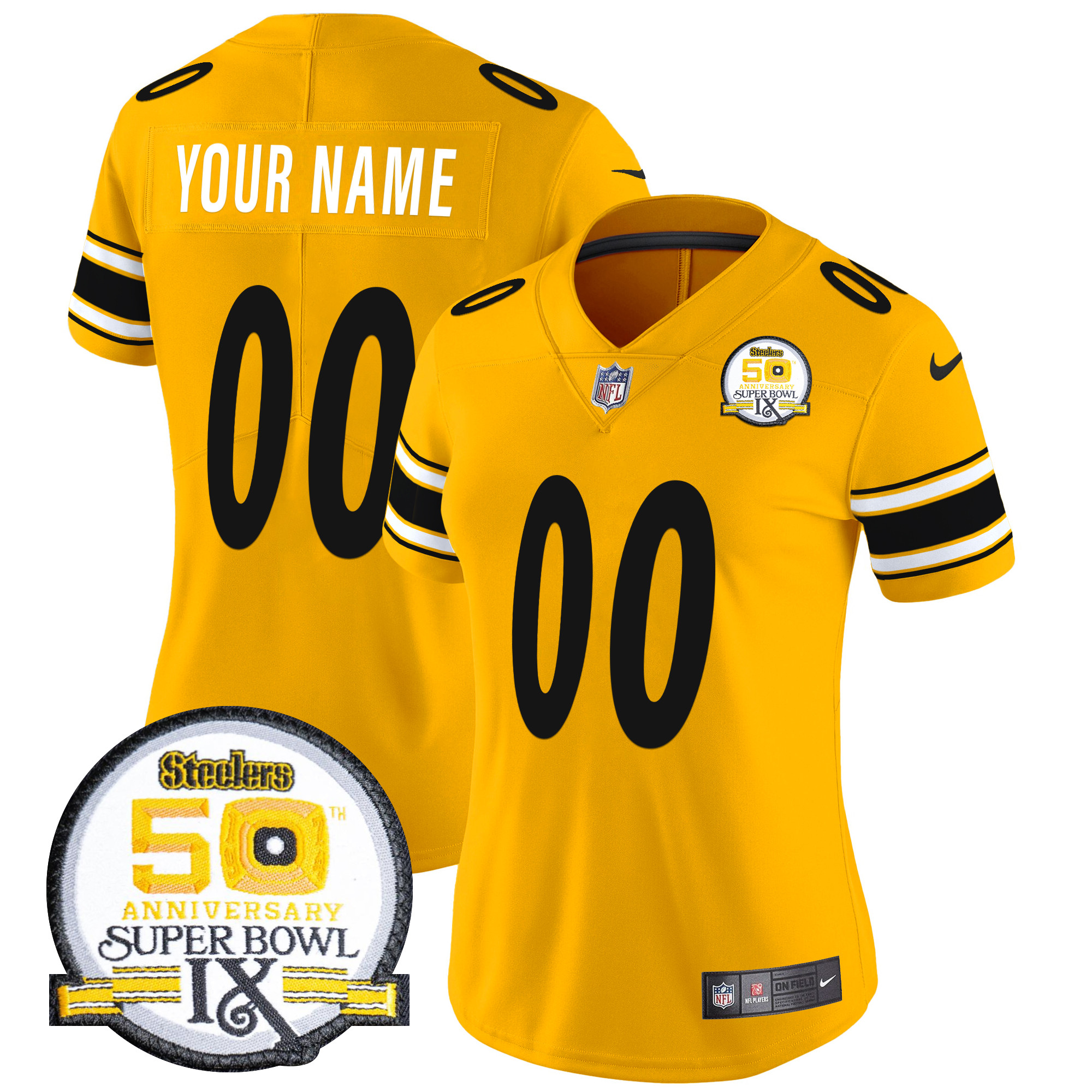 Women's Pittsburgh Steelers 50th Anniversary Of Super Bowl IX Patch Vapor Limited Custom Gold Jersey - All Stitched