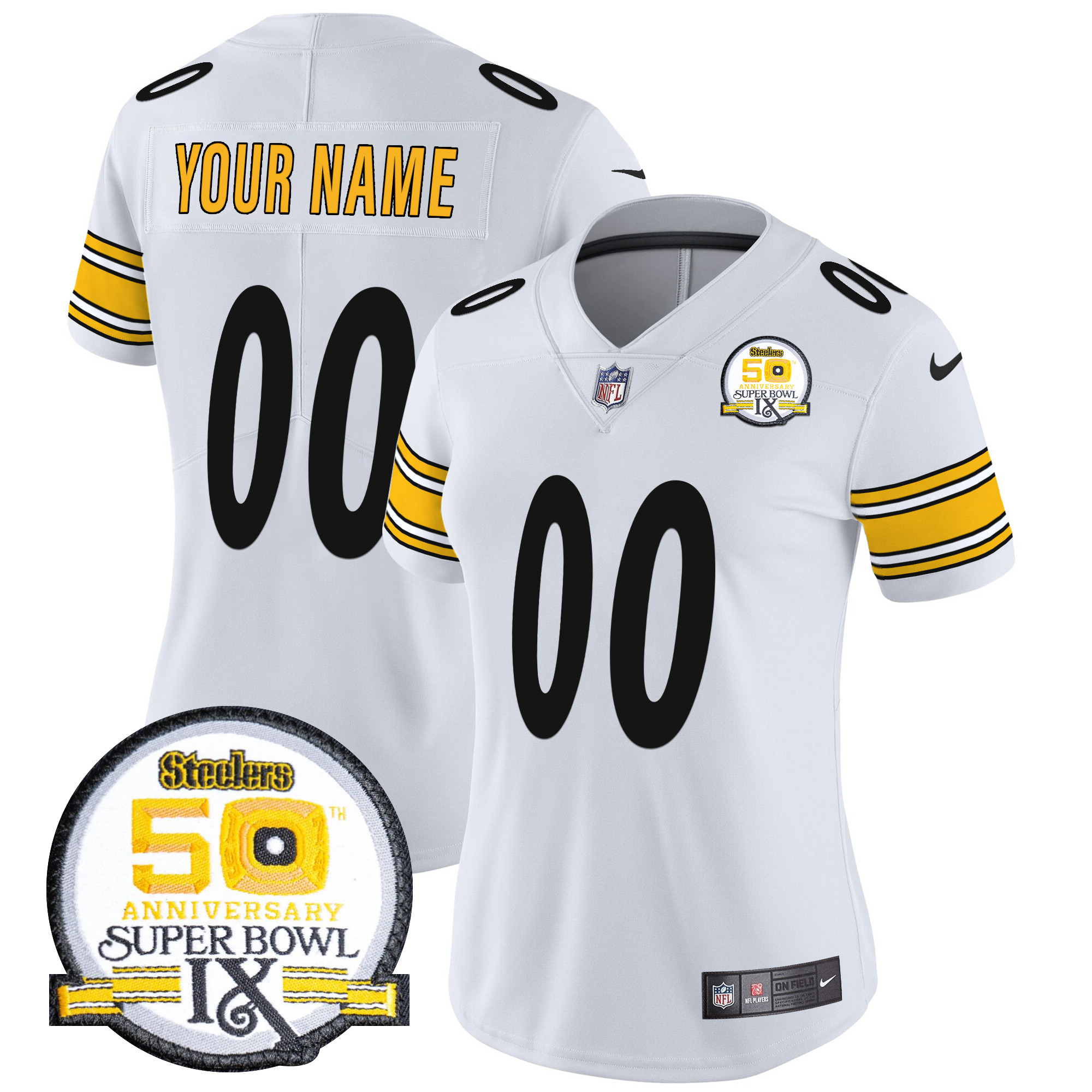 Women's Pittsburgh Steelers 50th Anniversary Of Super Bowl IX Patch Vapor Limited Custom White Jersey - All Stitched