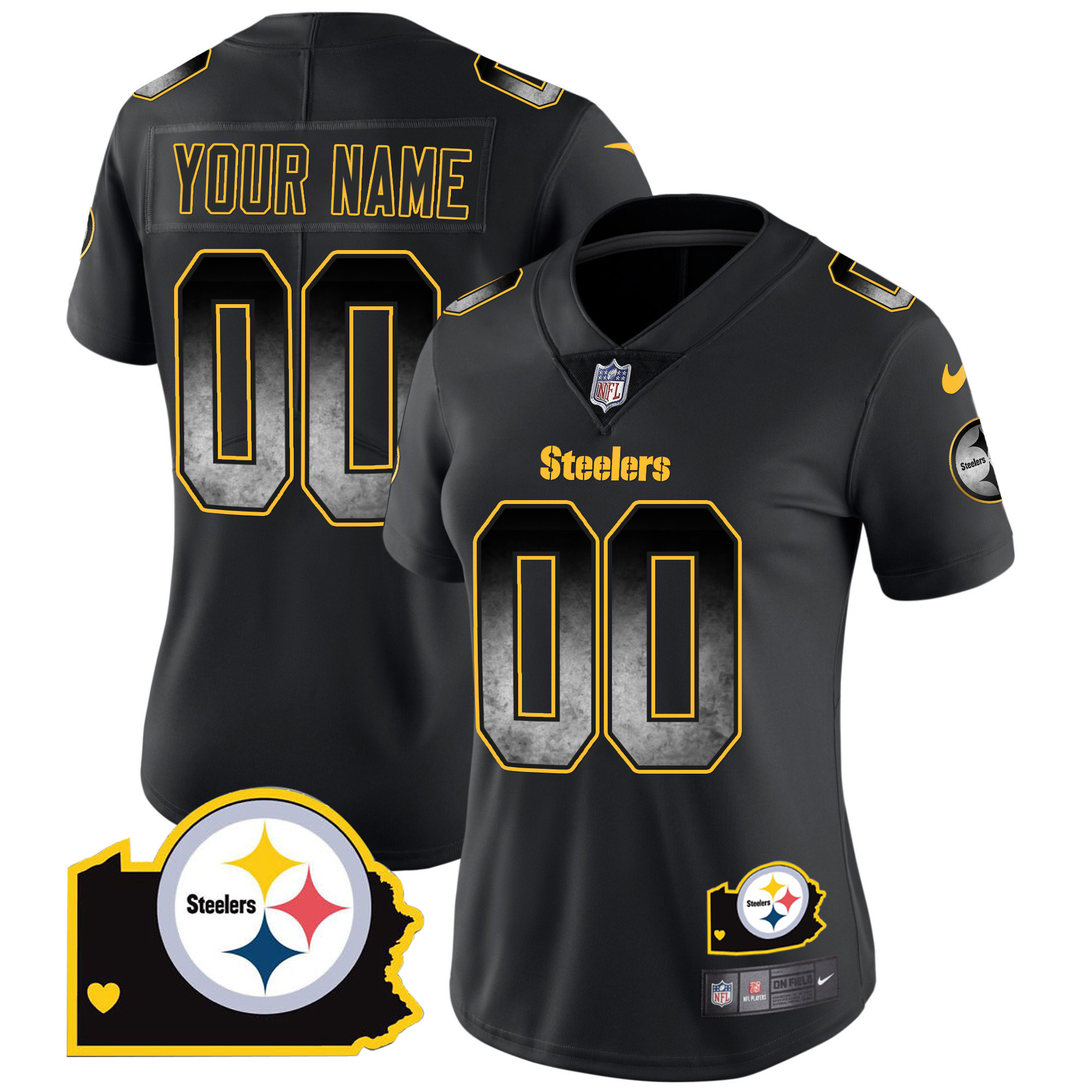 Women's Pittsburgh Steelers Arch Smoke Home Patch Vapor Custom Black Jersey - All Stitched