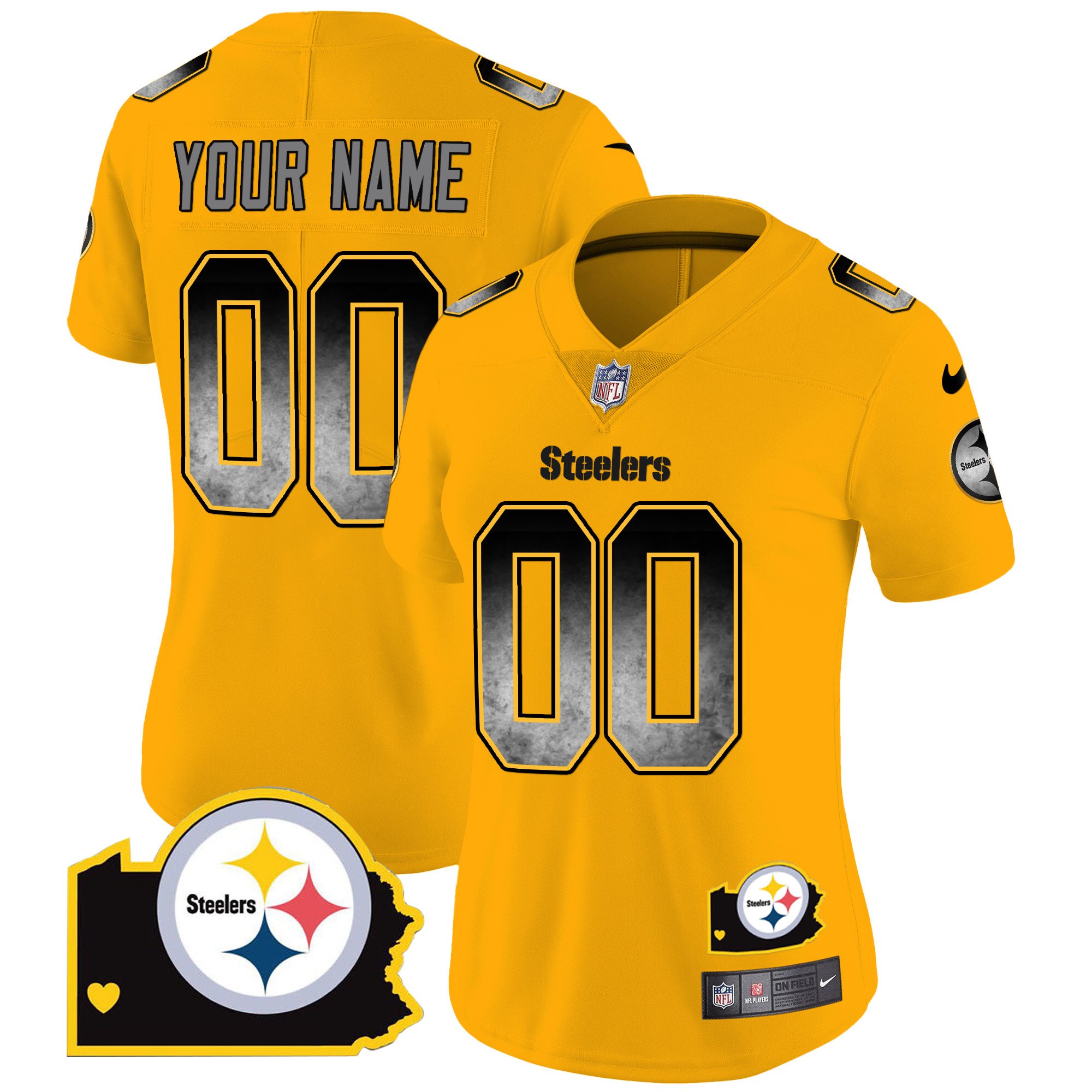 Women's Pittsburgh Steelers Arch Smoke Home Patch Vapor Custom Gold Jersey - All Stitched