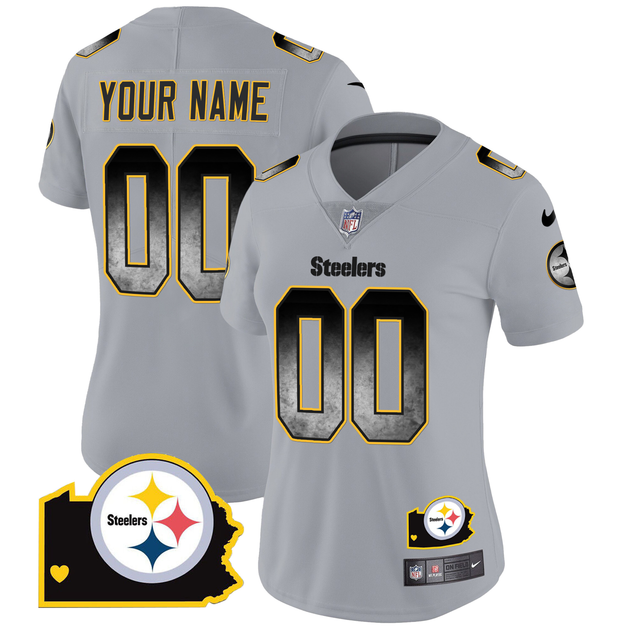Women's Pittsburgh Steelers Arch Smoke Home Patch Vapor Custom Gray Jersey - All Stitched