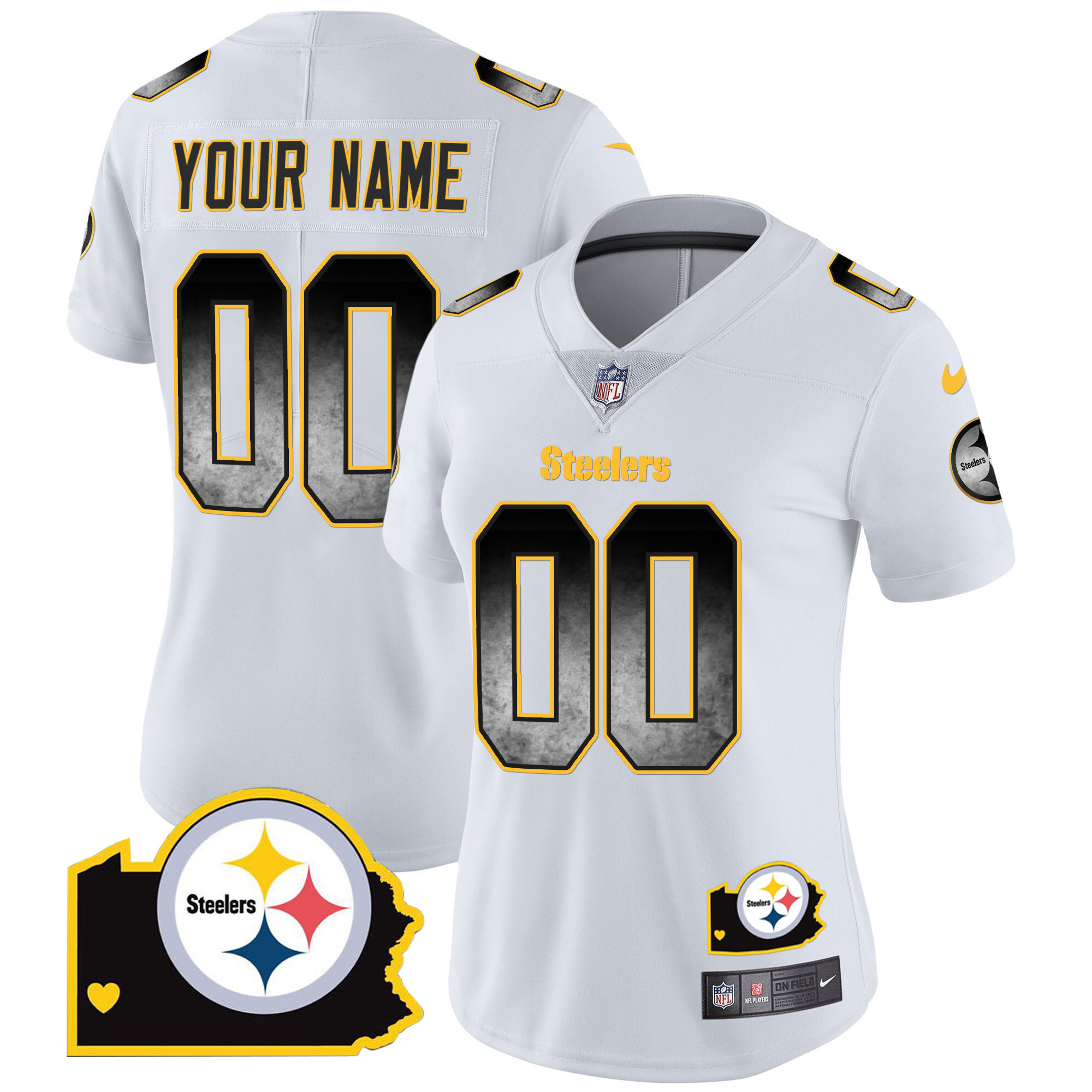 Women's Pittsburgh Steelers Arch Smoke Home Patch Vapor Custom White Jersey - All Stitched