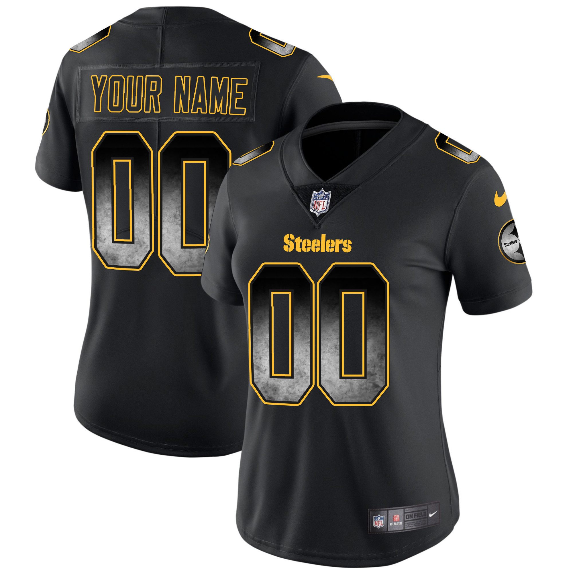 Women's Pittsburgh Steelers Arch Smoke Vapor Custom Black Jersey - All Stitched