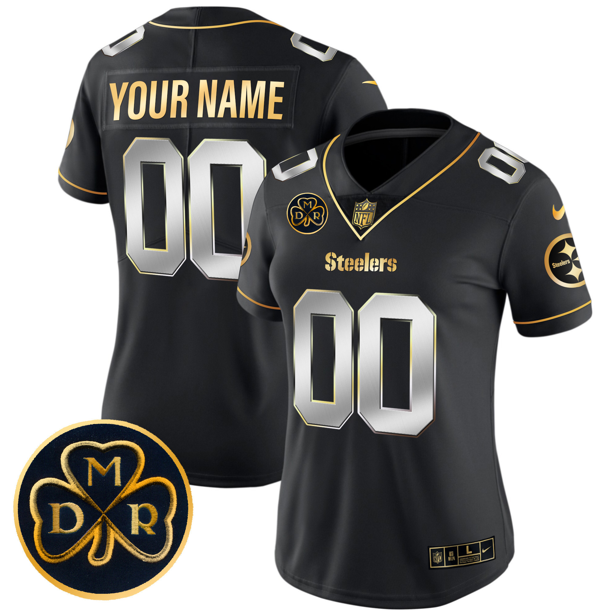 Women's Pittsburgh Steelers DMR Patch Gold Vapor Limited Custom Black Limited Jersey - All Stitched