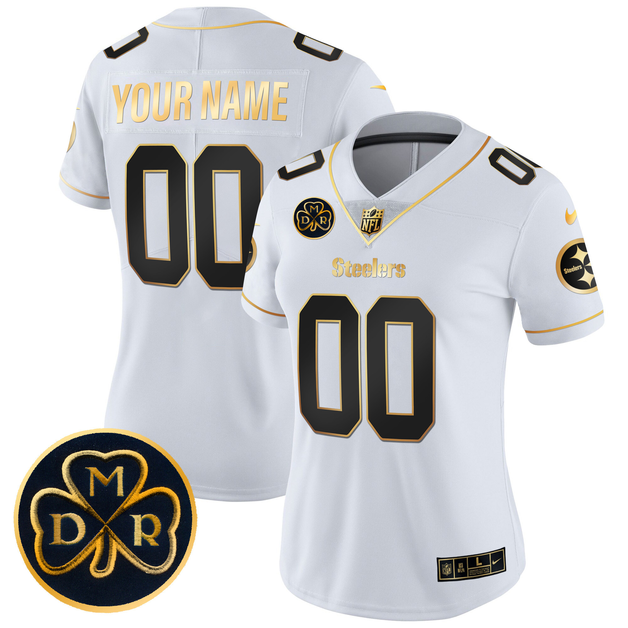 Women's Pittsburgh Steelers DMR Patch Gold Vapor Limited Custom White Gold Jersey - All Stitched