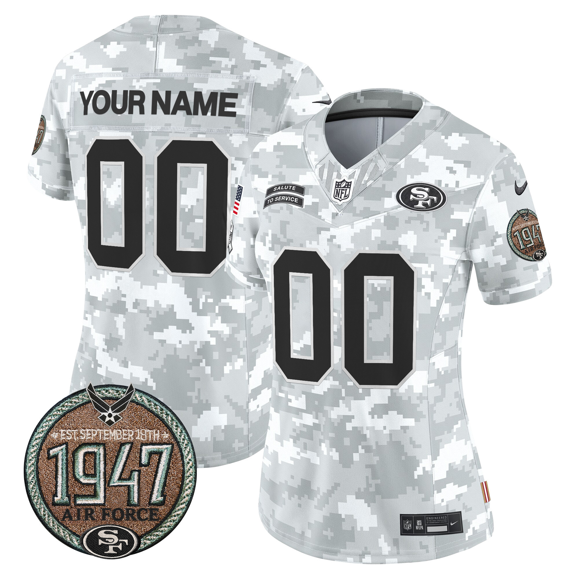 Women's San Francisco 49ers 2024 Salute to Service Establishment Year Patch Vapor Limited Custom Air Force Jersey - All Stitched