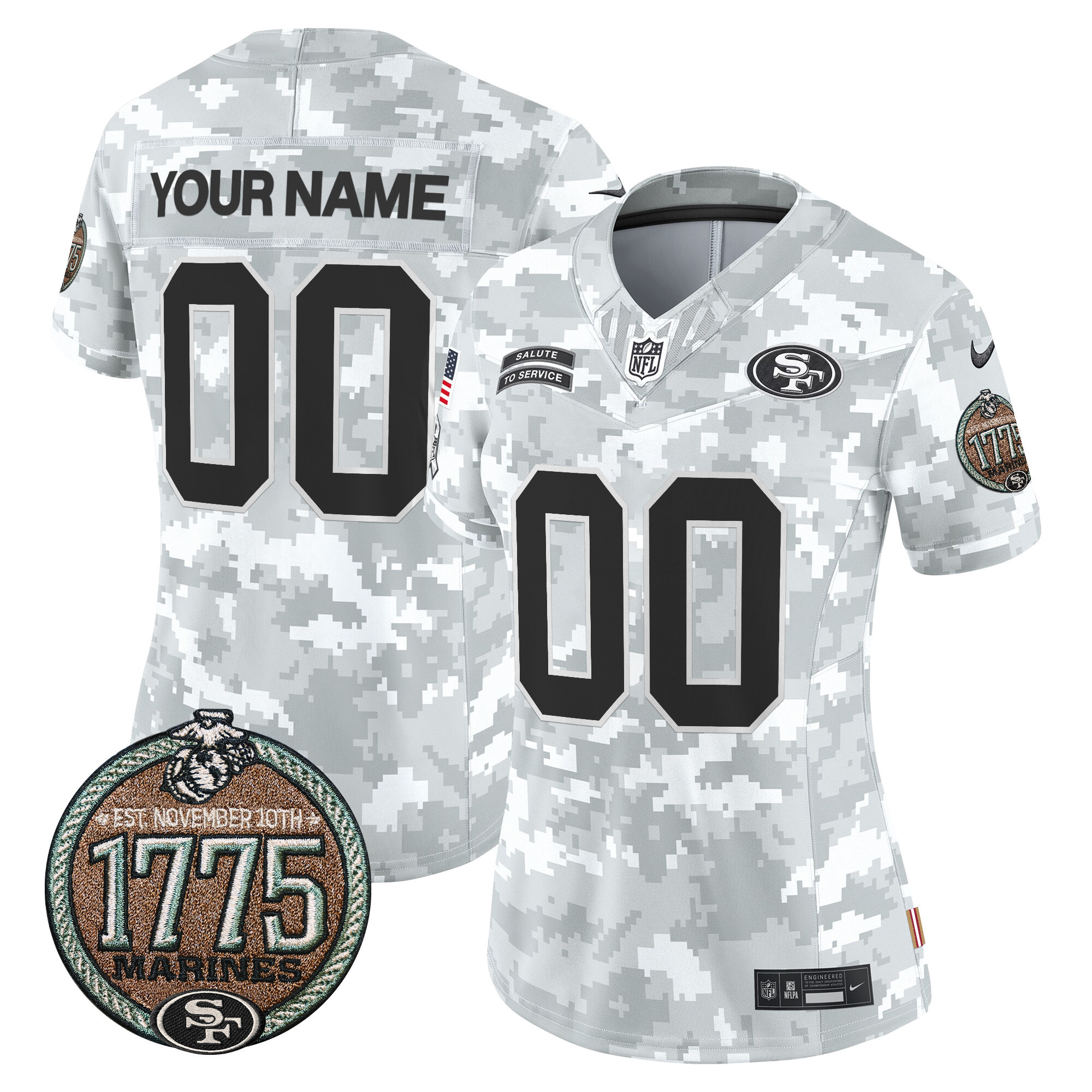 Women's San Francisco 49ers 2024 Salute to Service Establishment Year Patch Vapor Limited Custom Marines Jersey - All Stitched