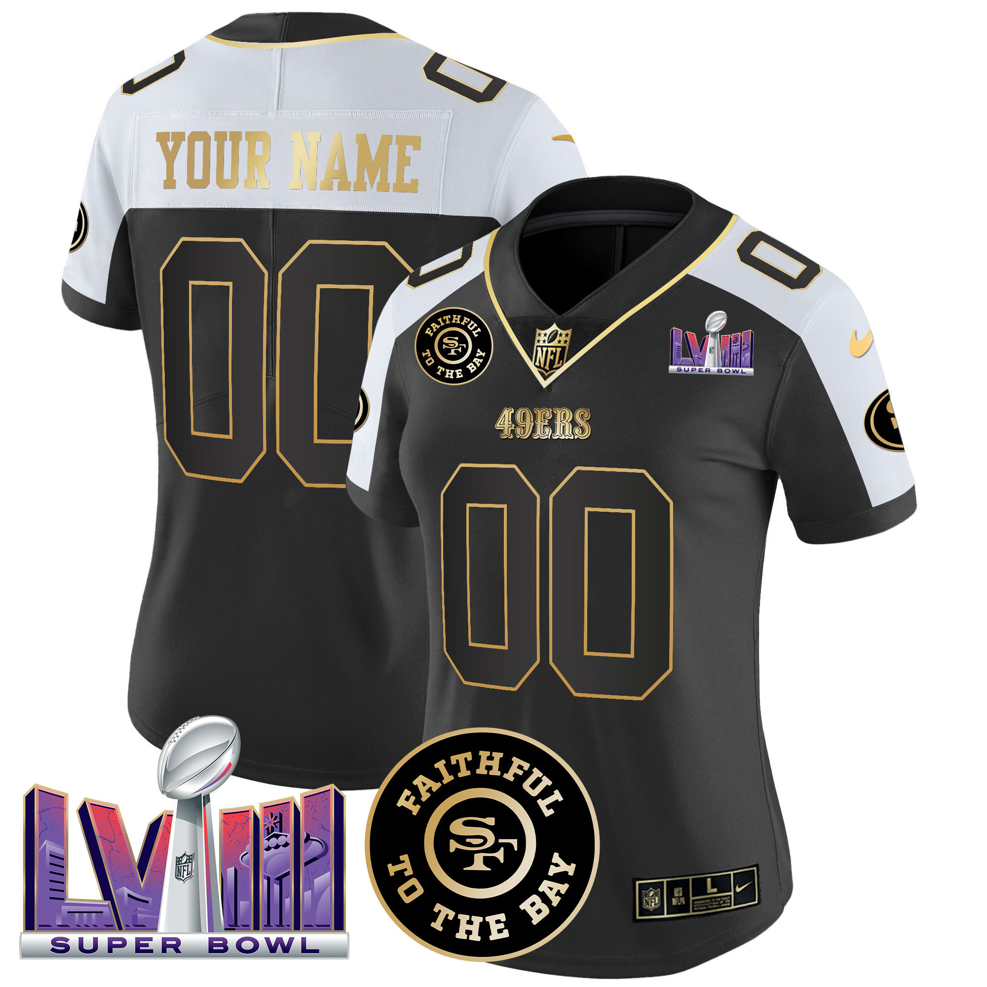 Women's San Francisco 49ers Faithful & Super Bowl LVIII Patch Vapor Custom Black Alternate Jersey - All Stitched