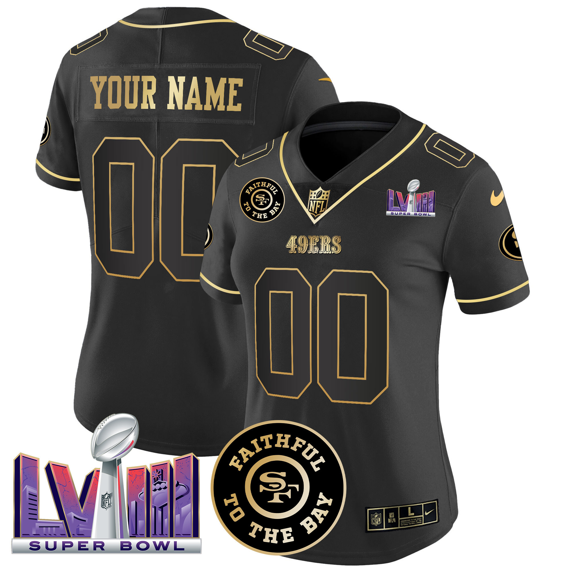 Women's San Francisco 49ers Faithful & Super Bowl LVIII Patch Vapor Custom Black Gold Jersey - All Stitched