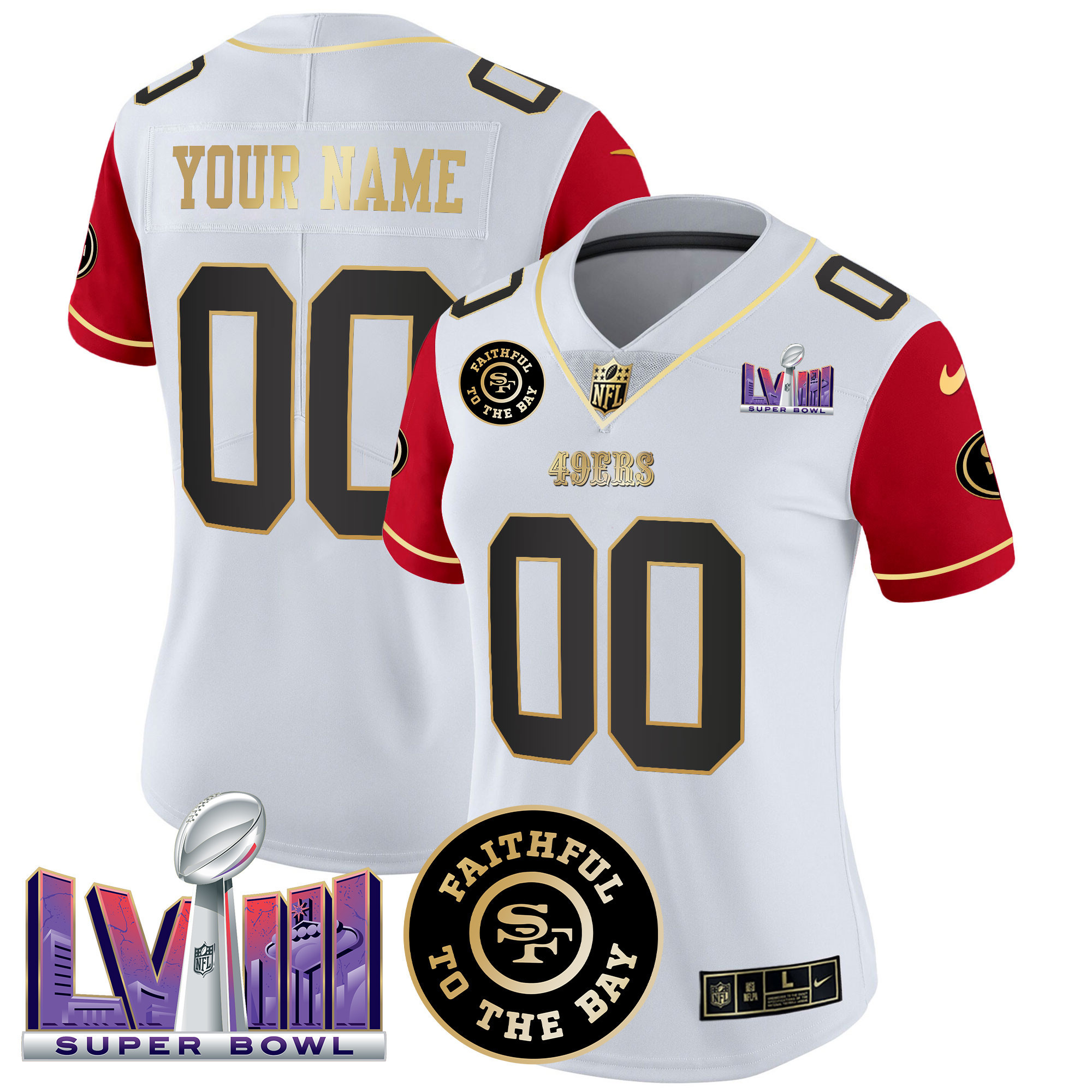 Women's San Francisco 49ers Faithful & Super Bowl LVIII Patch Vapor Custom Color Sleeves Jersey - All Stitched