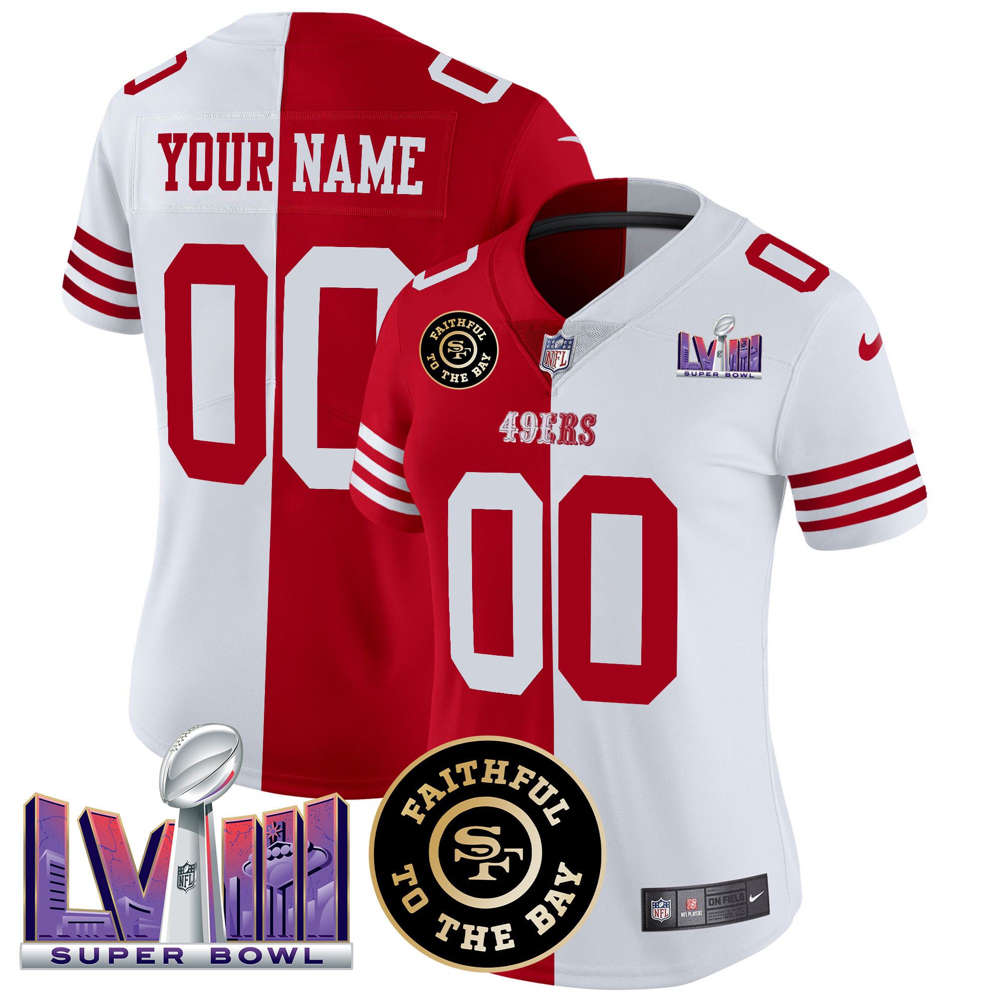 Women's San Francisco 49ers Faithful & Super Bowl LVIII Patch Vapor Custom Split Jersey - All Stitched