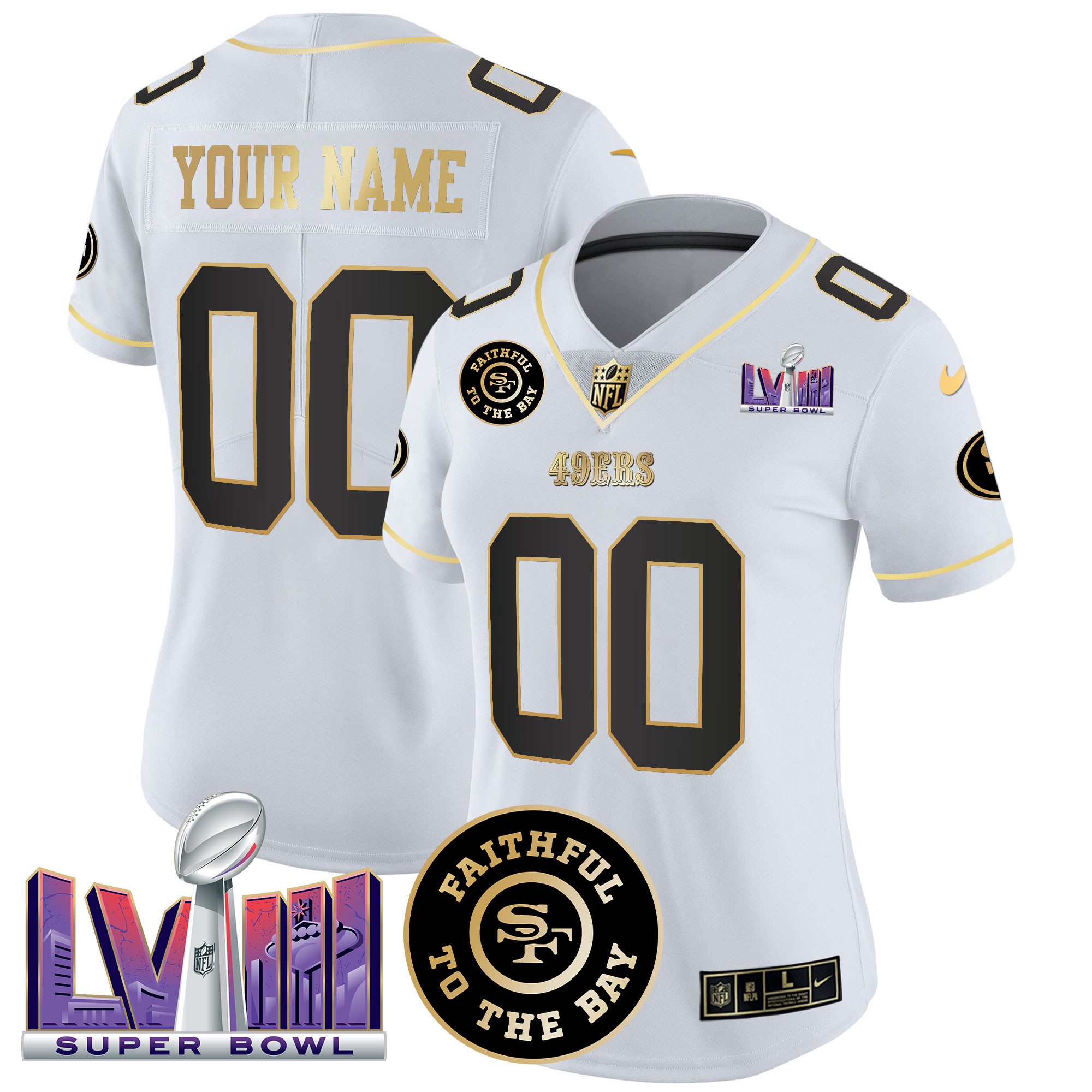 Women's San Francisco 49ers Faithful & Super Bowl LVIII Patch Vapor Custom White Gold Jersey - All Stitched