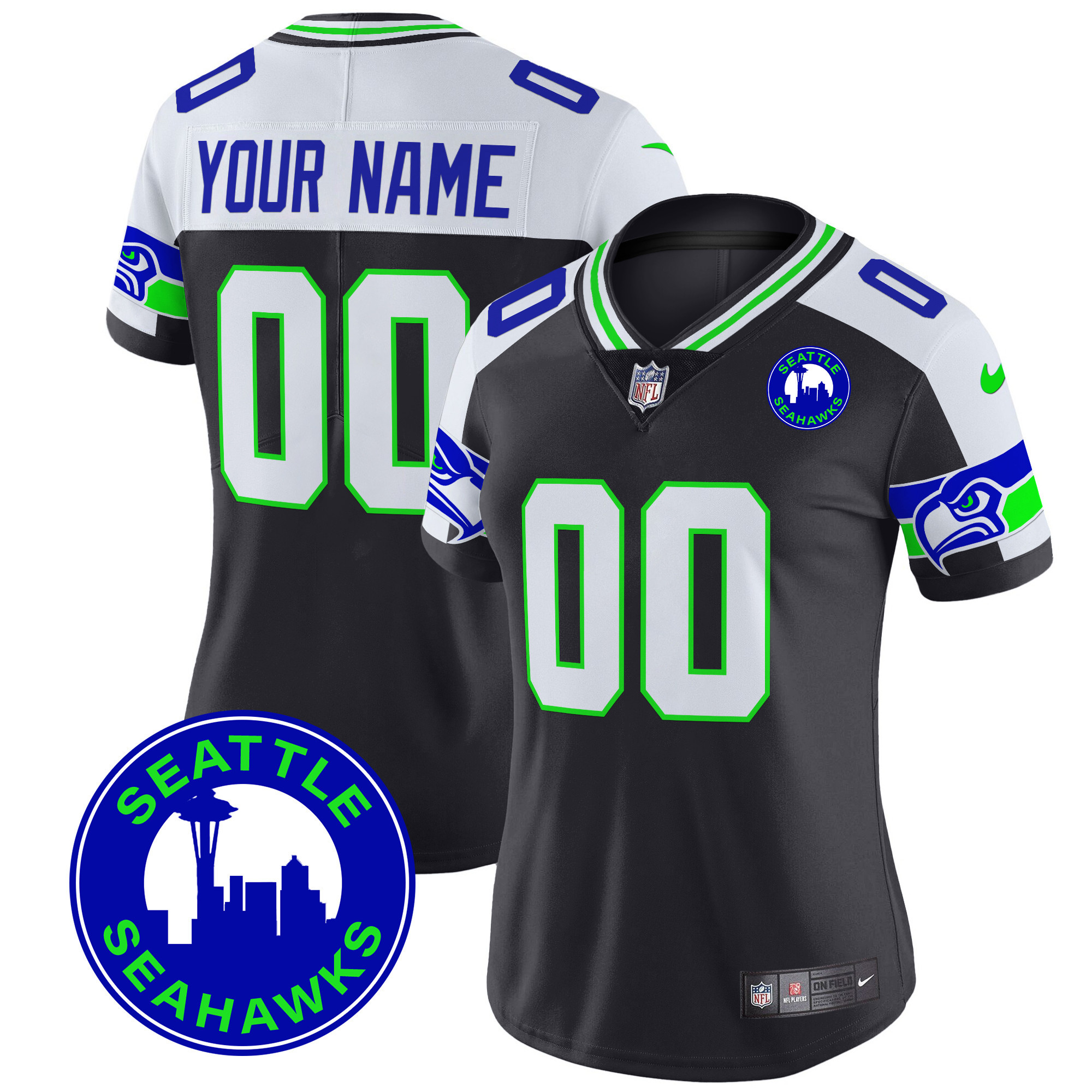 Women's Seattle Seahawks 2024 Seattle City Patch Vapor Limited Custom Black Alternate Jersey - All Stitched