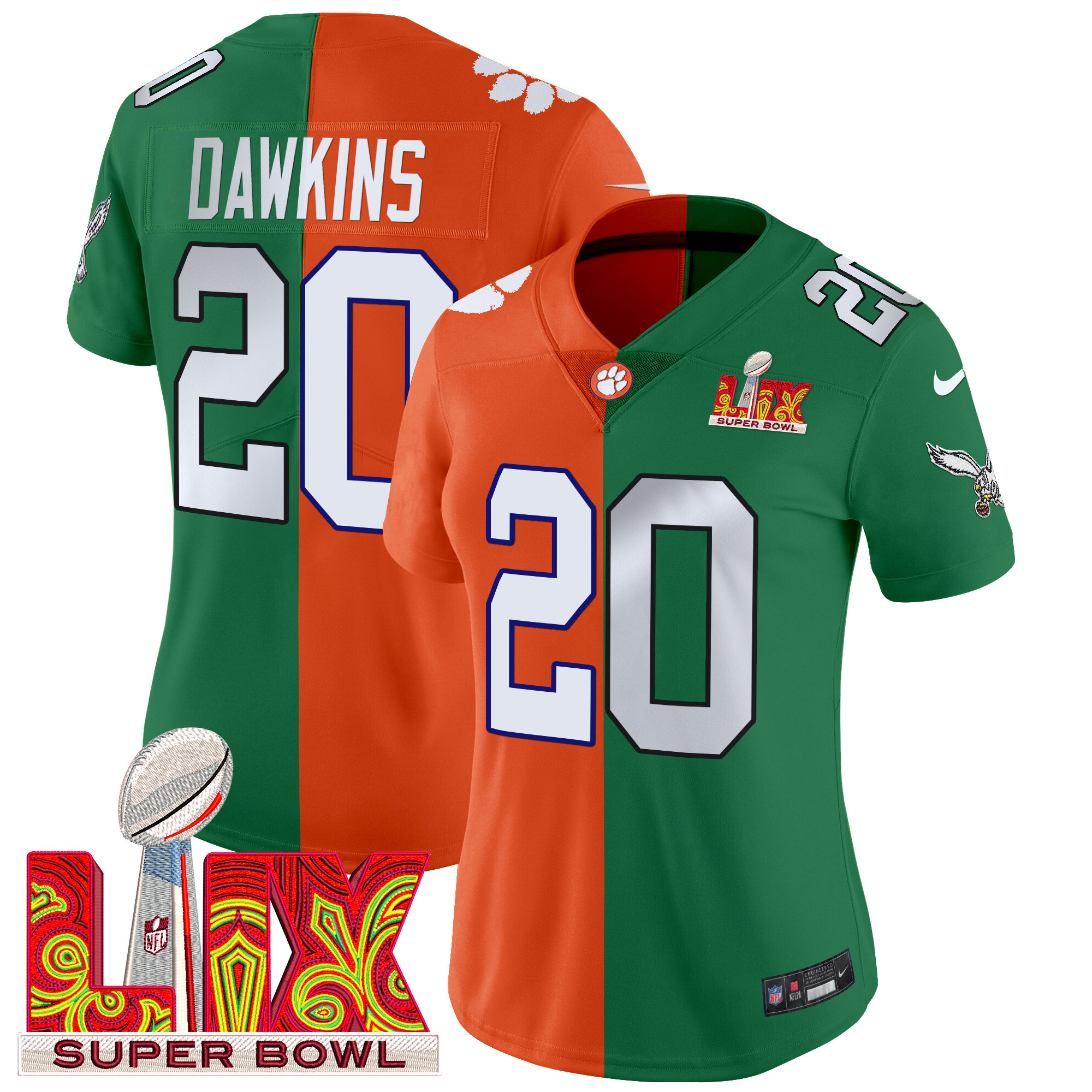 Women's Split Philadelphia Eagles Super Bowl LIX & College Football Vapor Limited Brian Dawkins Jersey - All Stitched