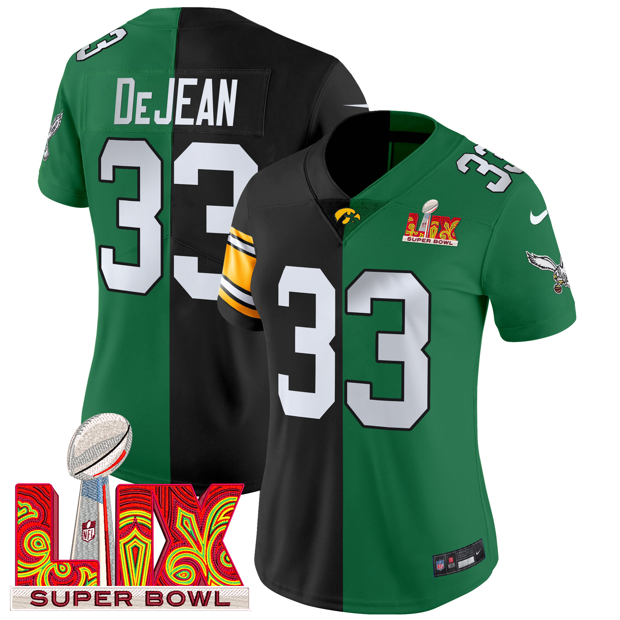 Women's Split Philadelphia Eagles Super Bowl LIX & College Football Vapor Limited Cooper DeJean Jersey - All Stitched