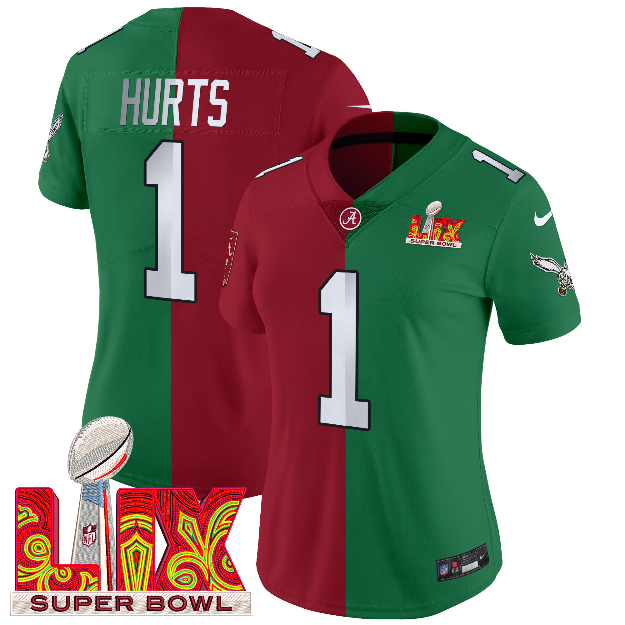 Women's Split Philadelphia Eagles Super Bowl LIX & College Football Vapor Limited Jalen Hurts Jersey - All Stitched