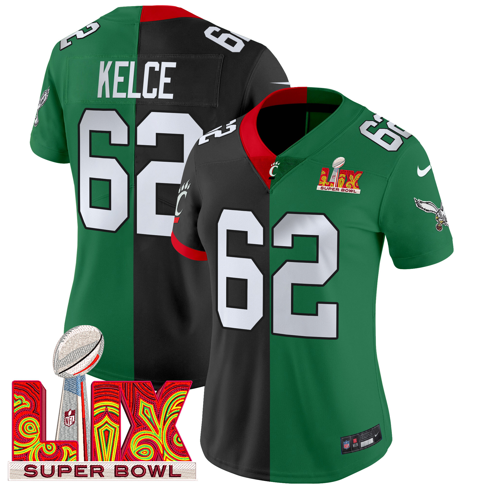 Women's Split Philadelphia Eagles Super Bowl LIX & College Football Vapor Limited Jason Kelce Jersey - All Stitched