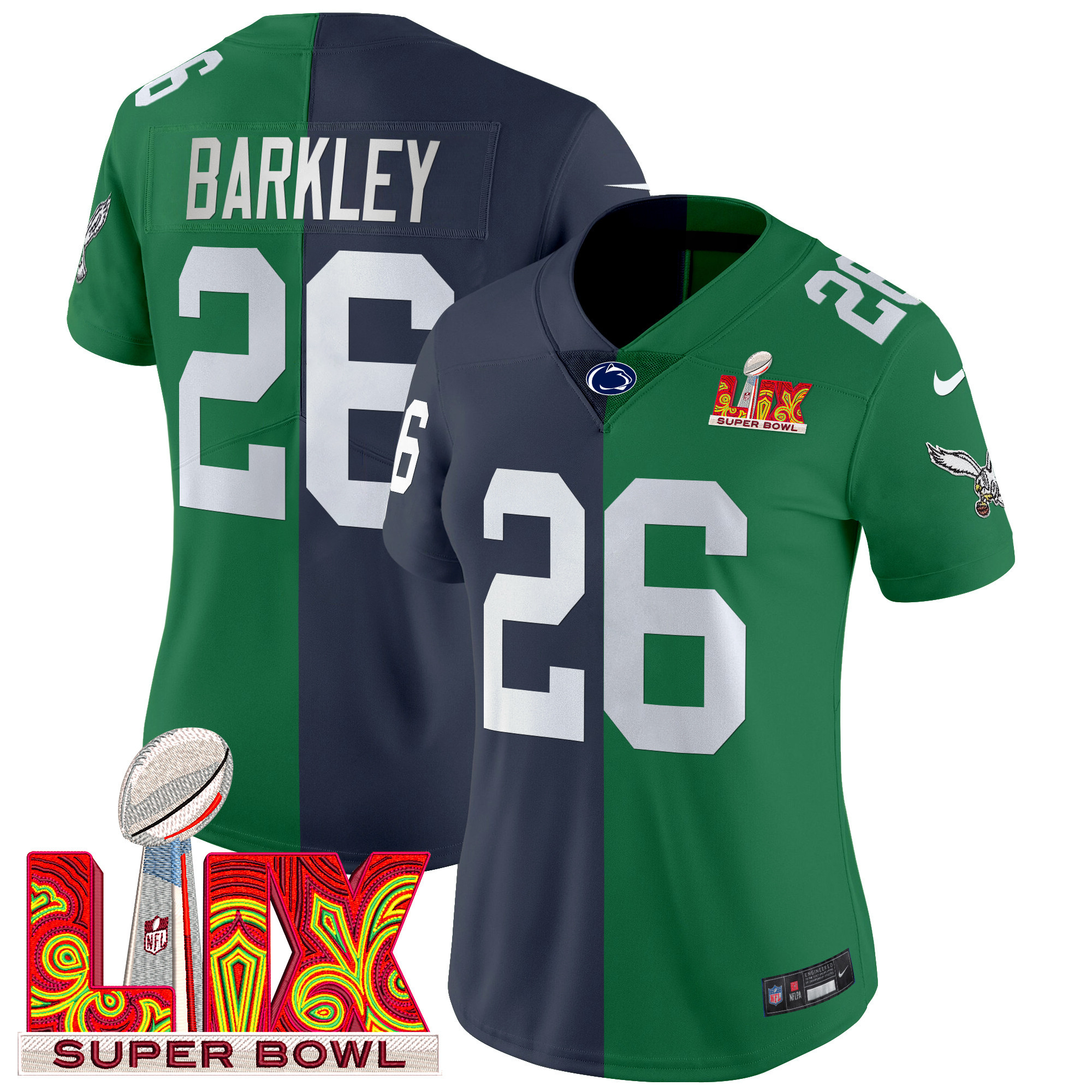 Women's Split Philadelphia Eagles Super Bowl LIX & College Football Vapor Limited Saquon Barkley (Navy) Jersey - All Stitched