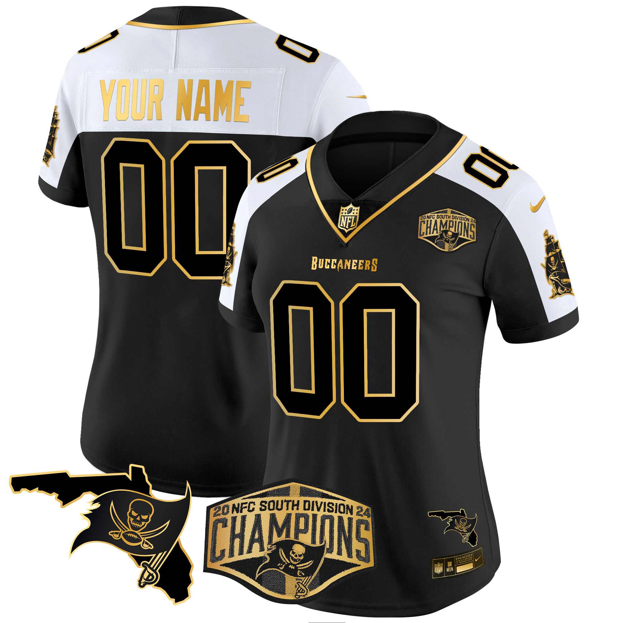Women's Tampa Bay Buccaneers 2024 NFC South Division Champions Patch Gold Vapor Limited Custom Black Alternate Jersey - All Stitched