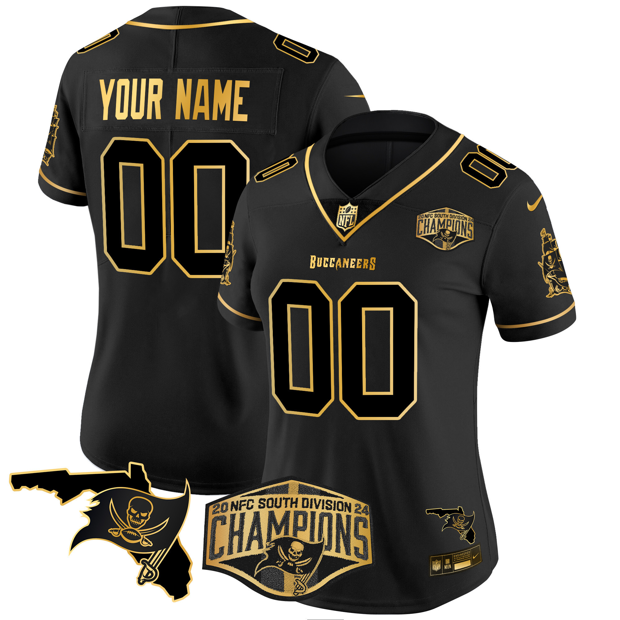 Women's Tampa Bay Buccaneers 2024 NFC South Division Champions Patch Gold Vapor Limited Custom Black Gold Jersey - All Stitched