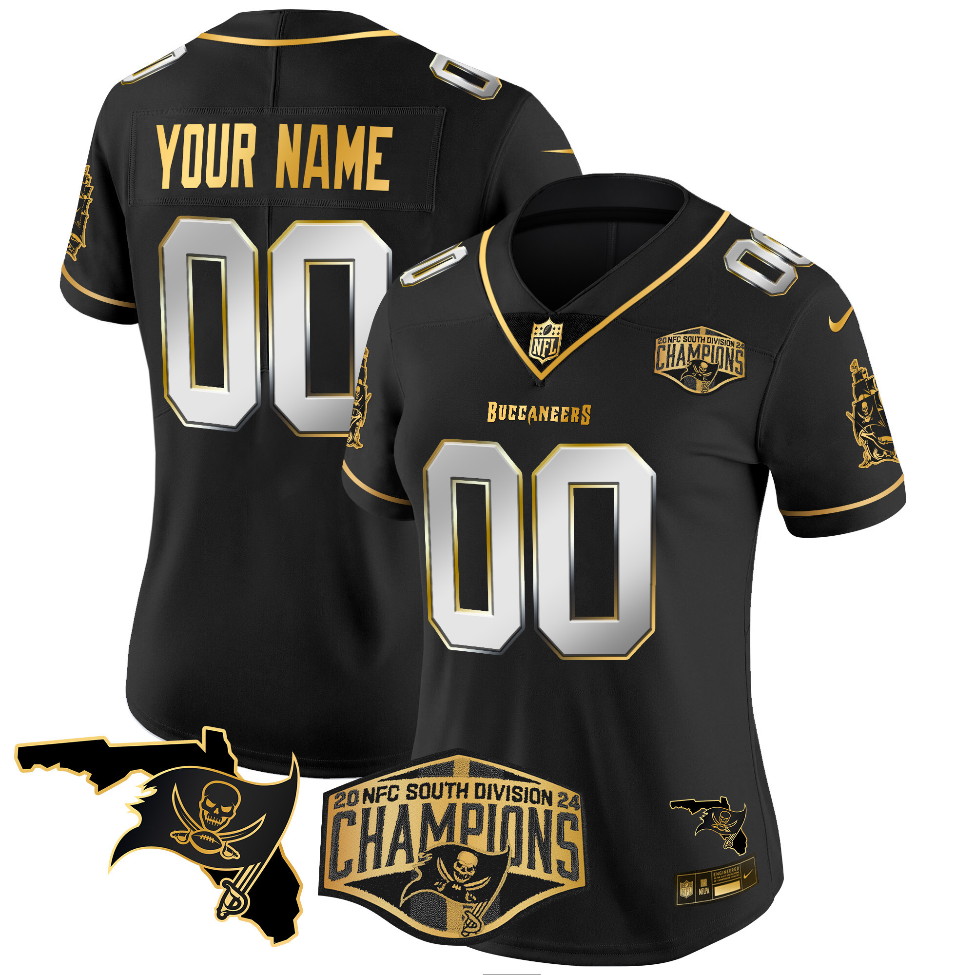 Women's Tampa Bay Buccaneers 2024 NFC South Division Champions Patch Gold Vapor Limited Custom Black Limited Jersey - All Stitched