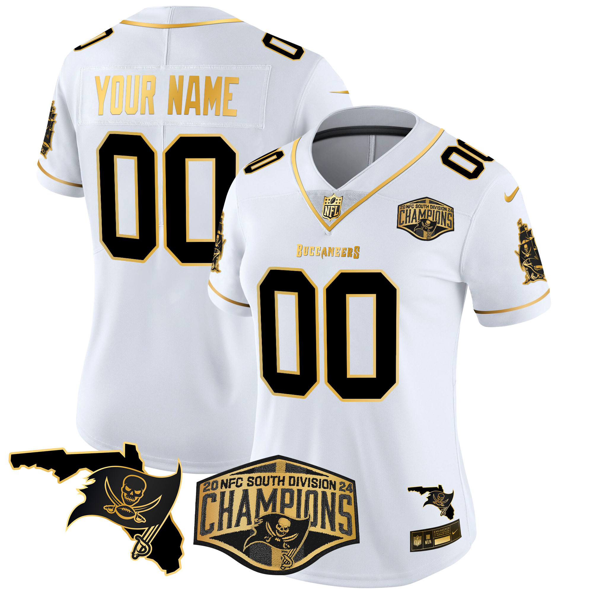 Women's Tampa Bay Buccaneers 2024 NFC South Division Champions Patch Gold Vapor Limited Custom White Gold Jersey - All Stitched