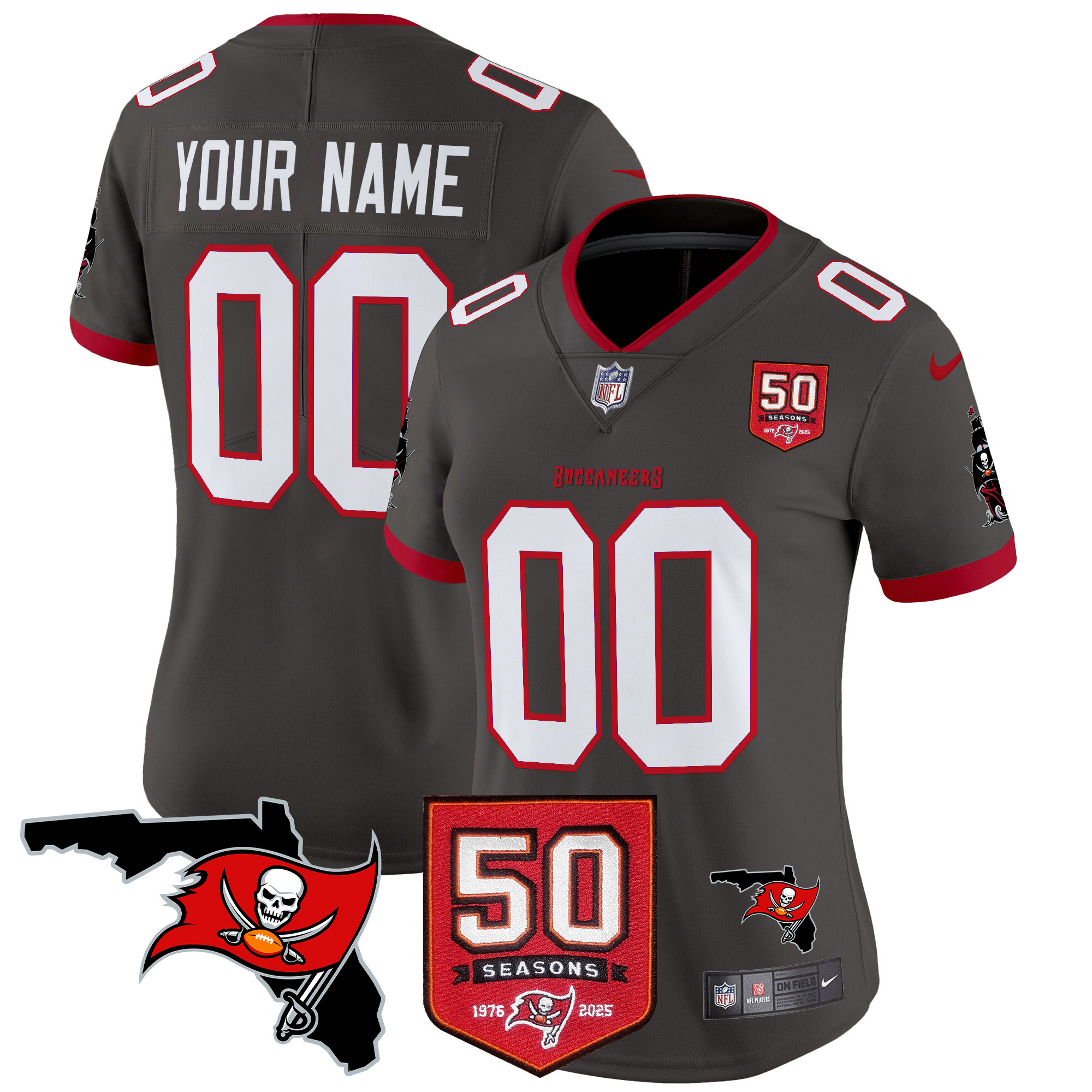 Women's Tampa Bay Buccaneers 50th Season Patch Vapor Limited Custom Pewter Jersey - All Stitched