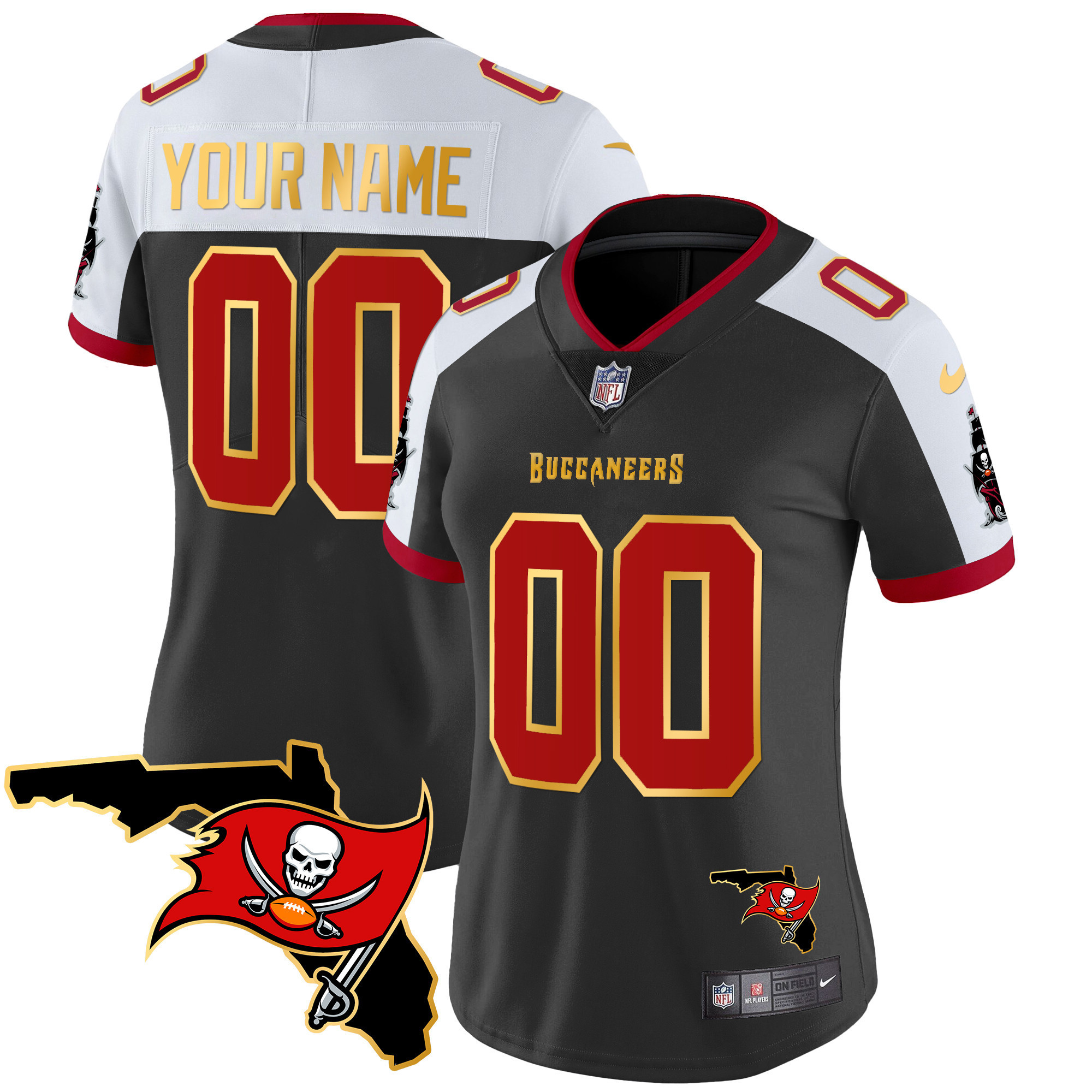 Women's Tampa Bay Buccaneers Florida Patch Gold Trim Vapor Custom Black Alternate Jersey - All Stitched