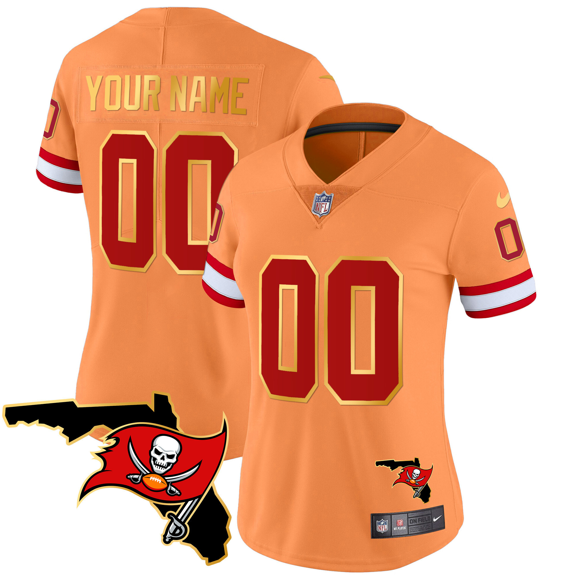 Women's Tampa Bay Buccaneers Florida Patch Gold Trim Vapor Custom Orange Jersey - All Stitched