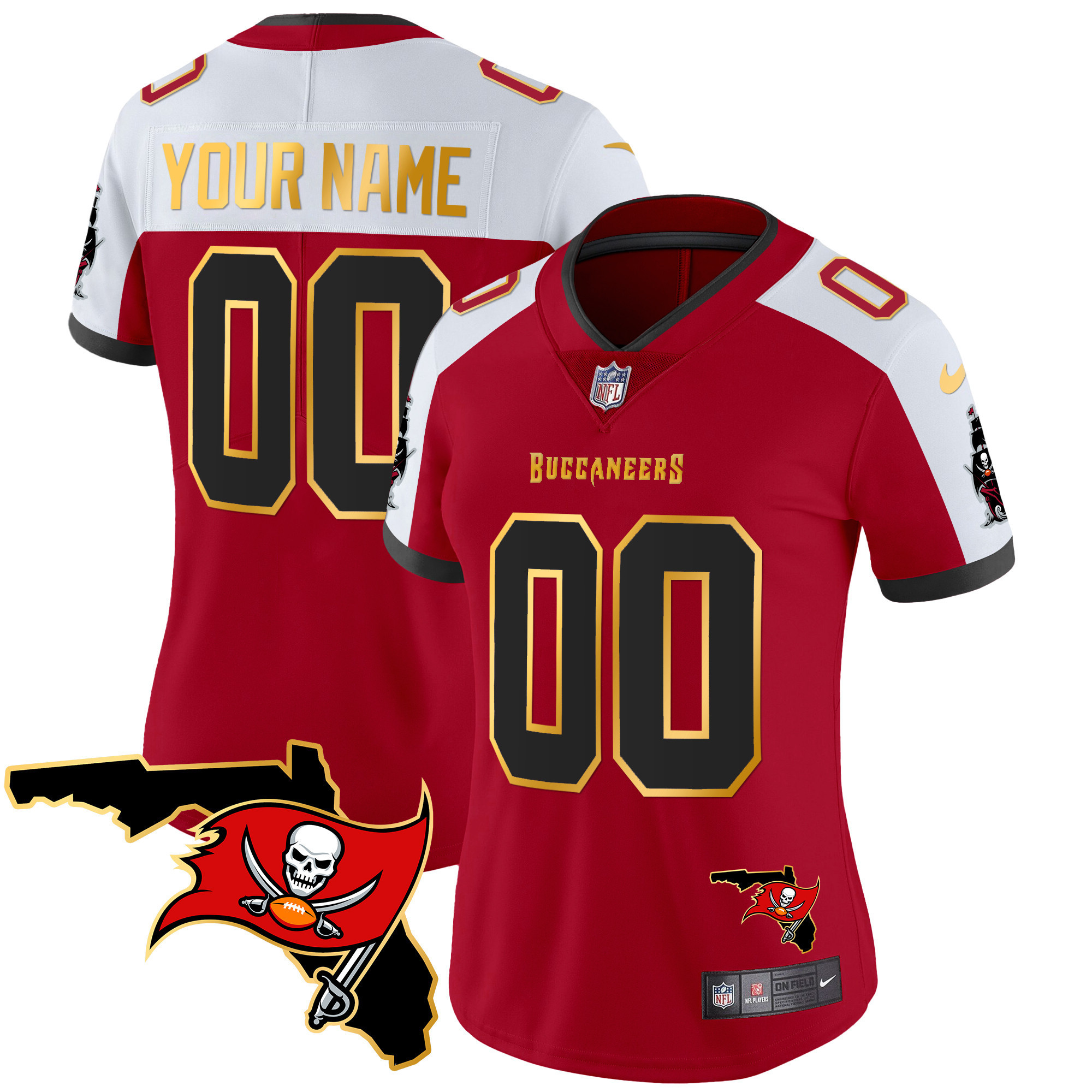 Women's Tampa Bay Buccaneers Florida Patch Gold Trim Vapor Custom Red Alternate Jersey - All Stitched