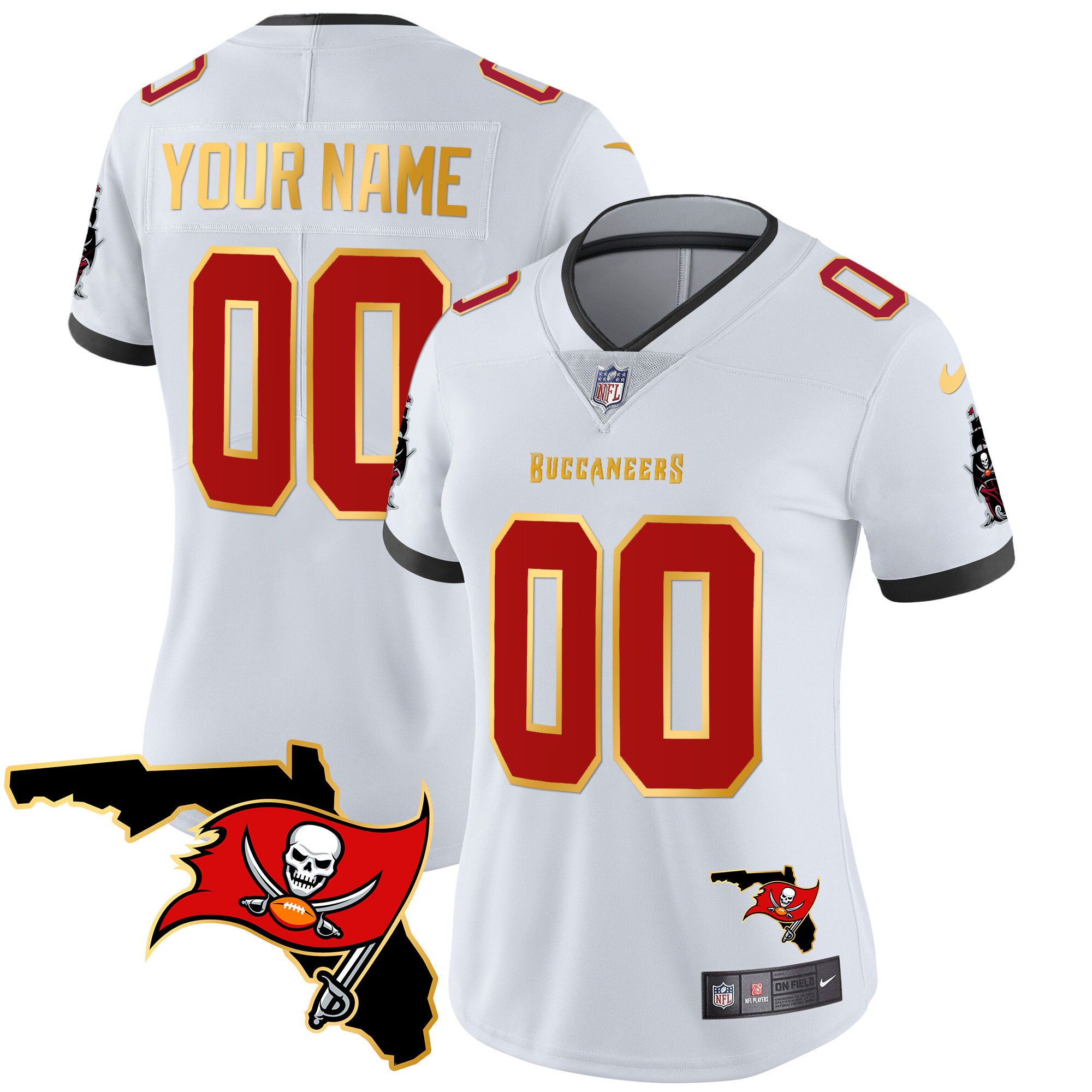 Women's Tampa Bay Buccaneers Florida Patch Gold Trim Vapor Custom White Jersey - All Stitched