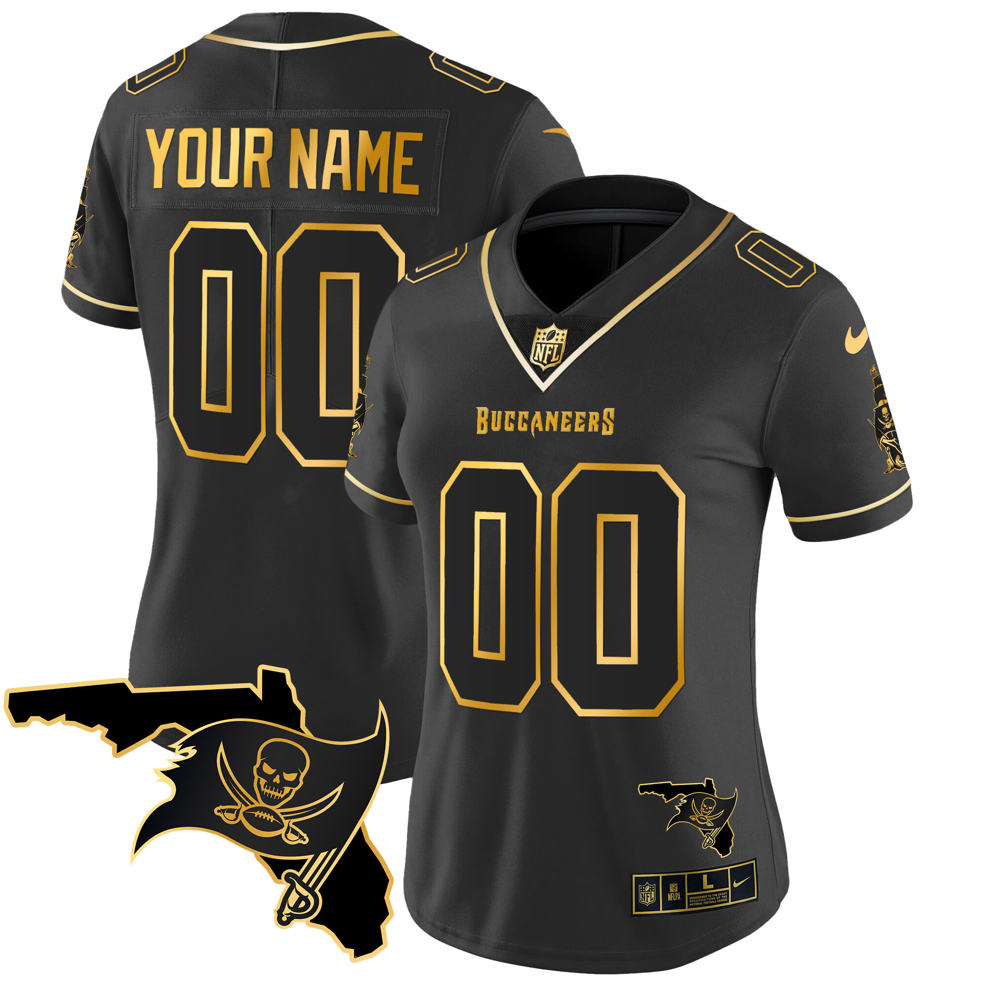 Women's Tampa Bay Buccaneers Florida Patch Vapor Gold Custom Black Gold Jersey - All Stitched