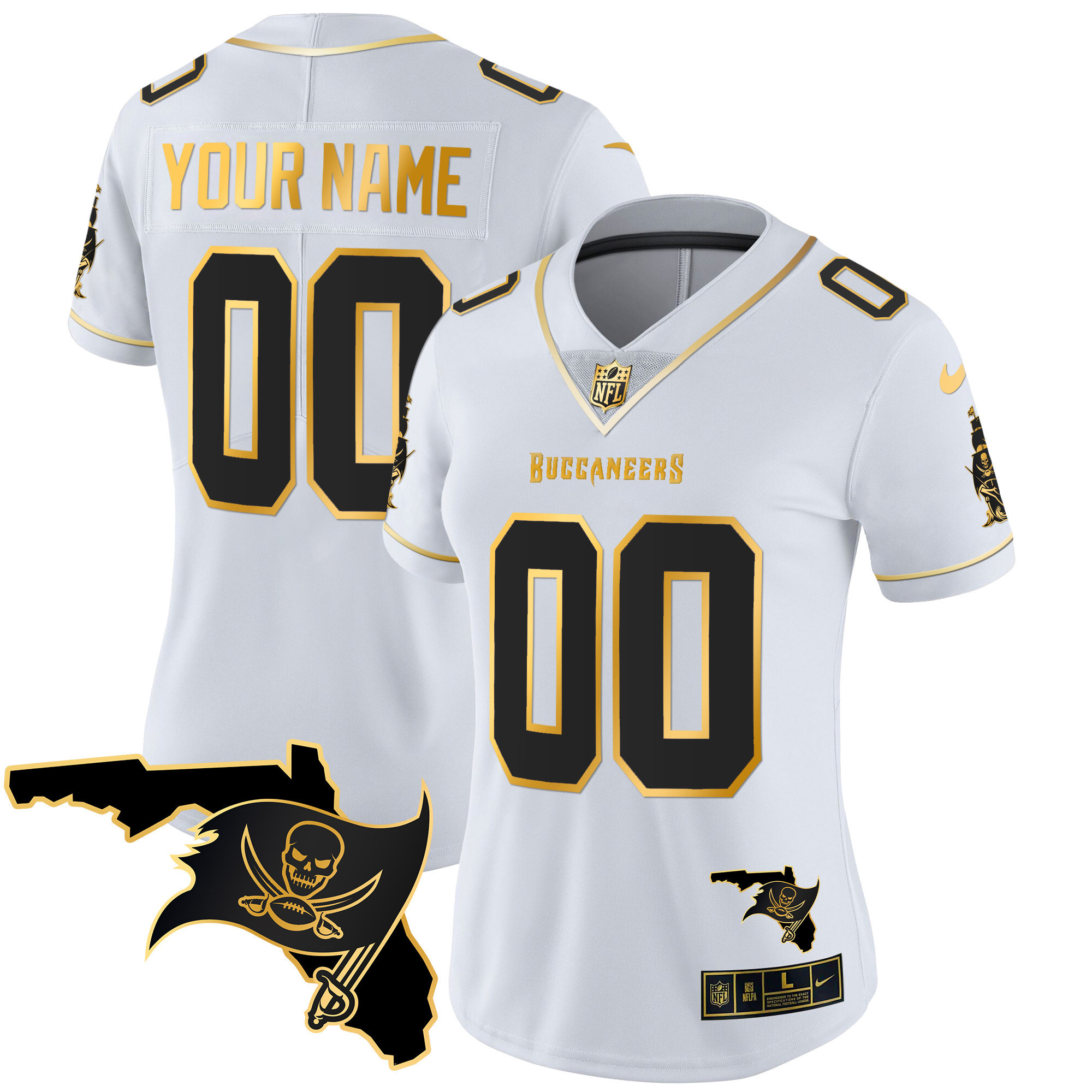 Women's Tampa Bay Buccaneers Florida Patch Vapor Gold Custom White Gold Jersey - All Stitched