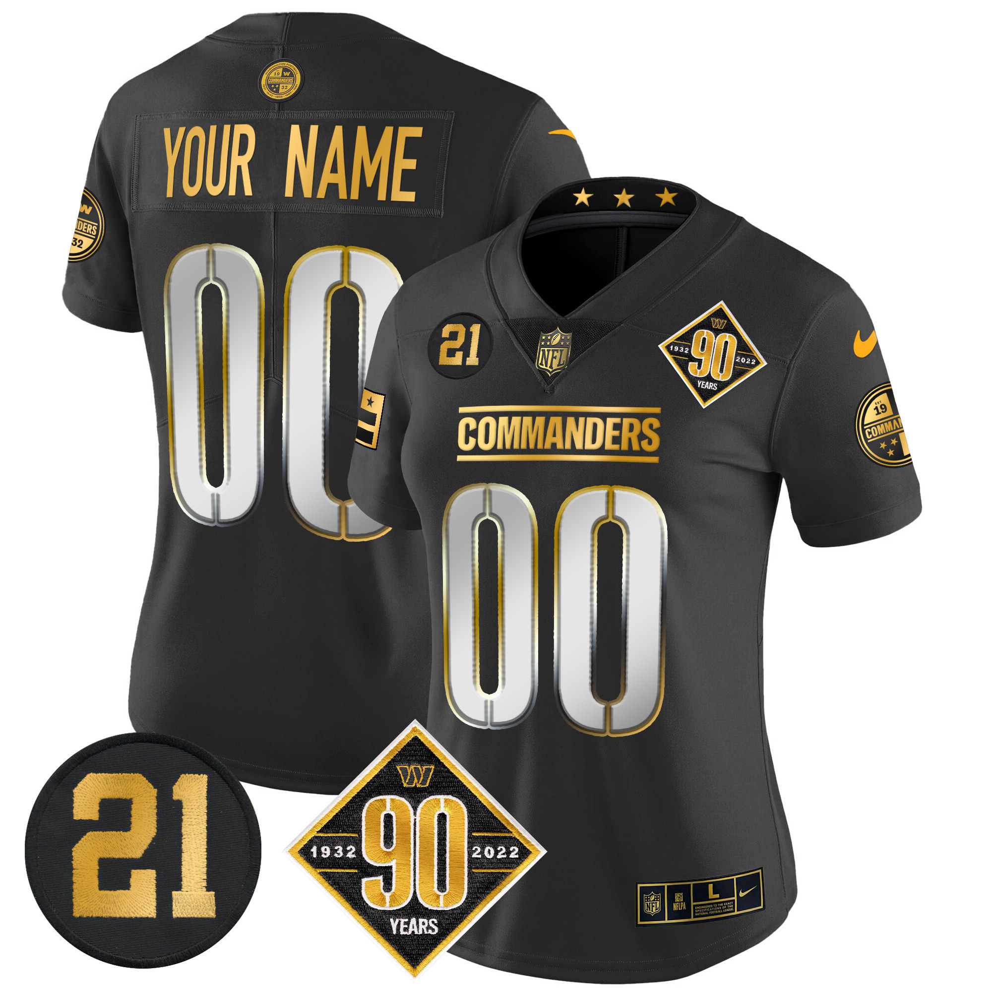 Women's Washington Commanders 90th & Sean Taylor Patch Gold Vapor Limited Custom Black Limited Jersey - All Stitched