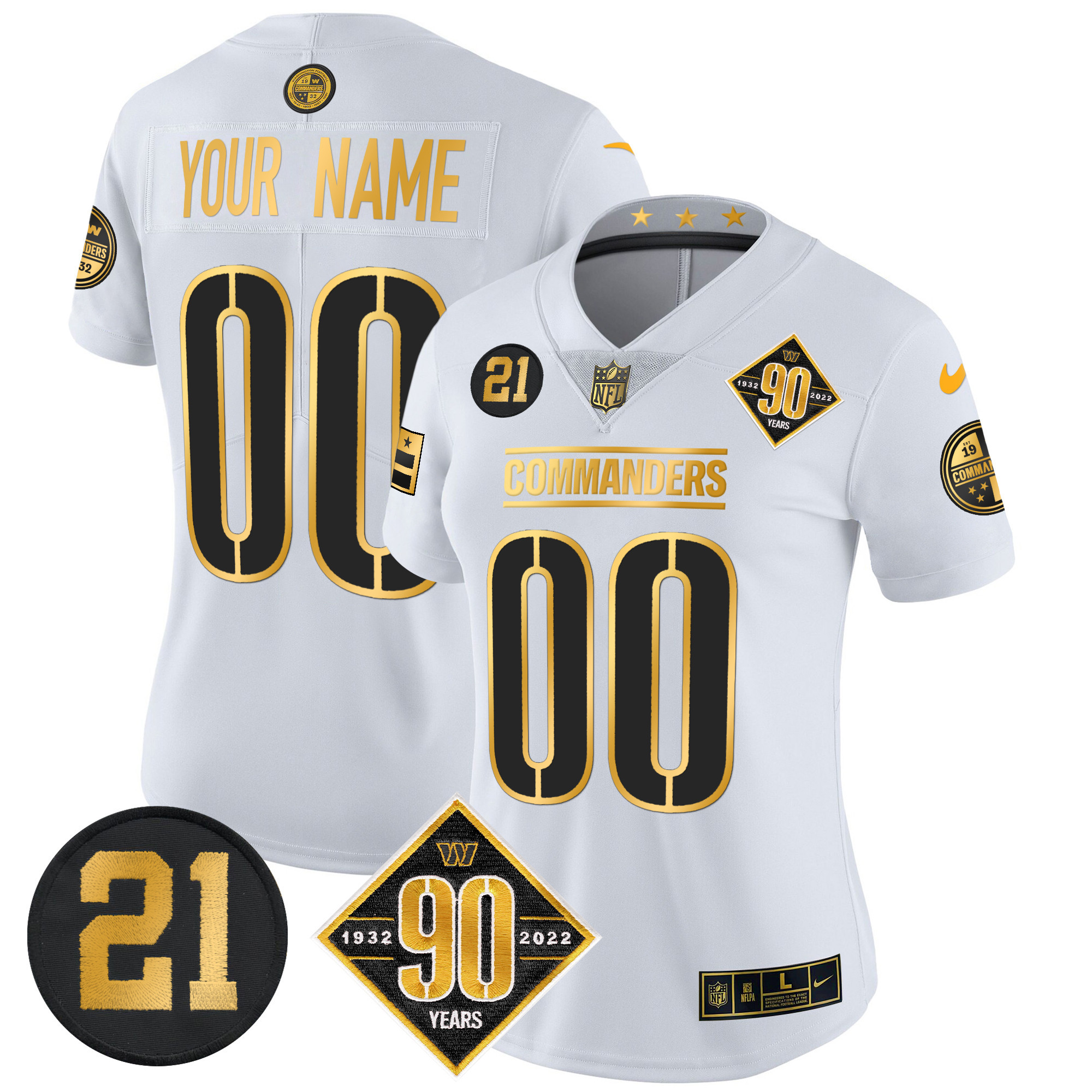 Women's Washington Commanders 90th & Sean Taylor Patch Gold Vapor Limited Custom White Jersey - All Stitched